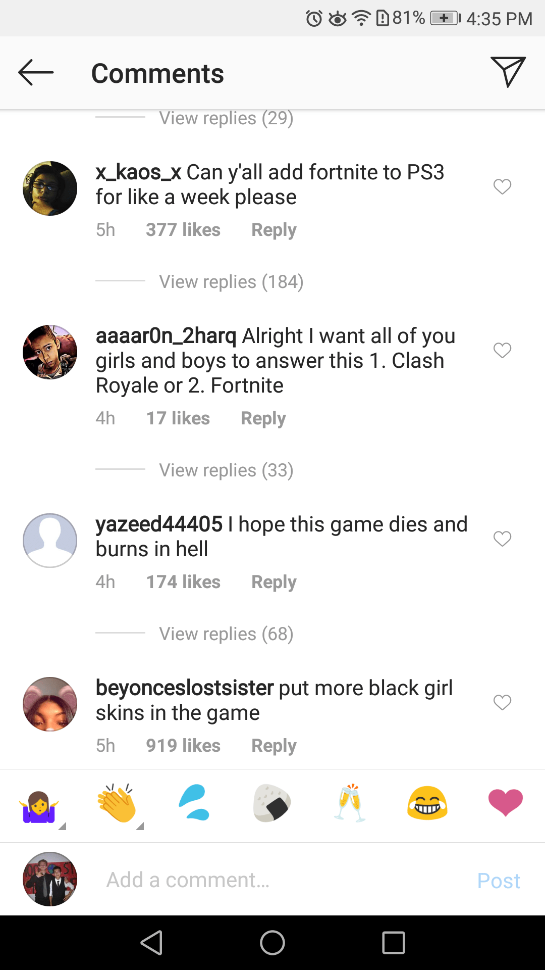 Yet another top comments on Fortnite's Instagram FortNiteBR