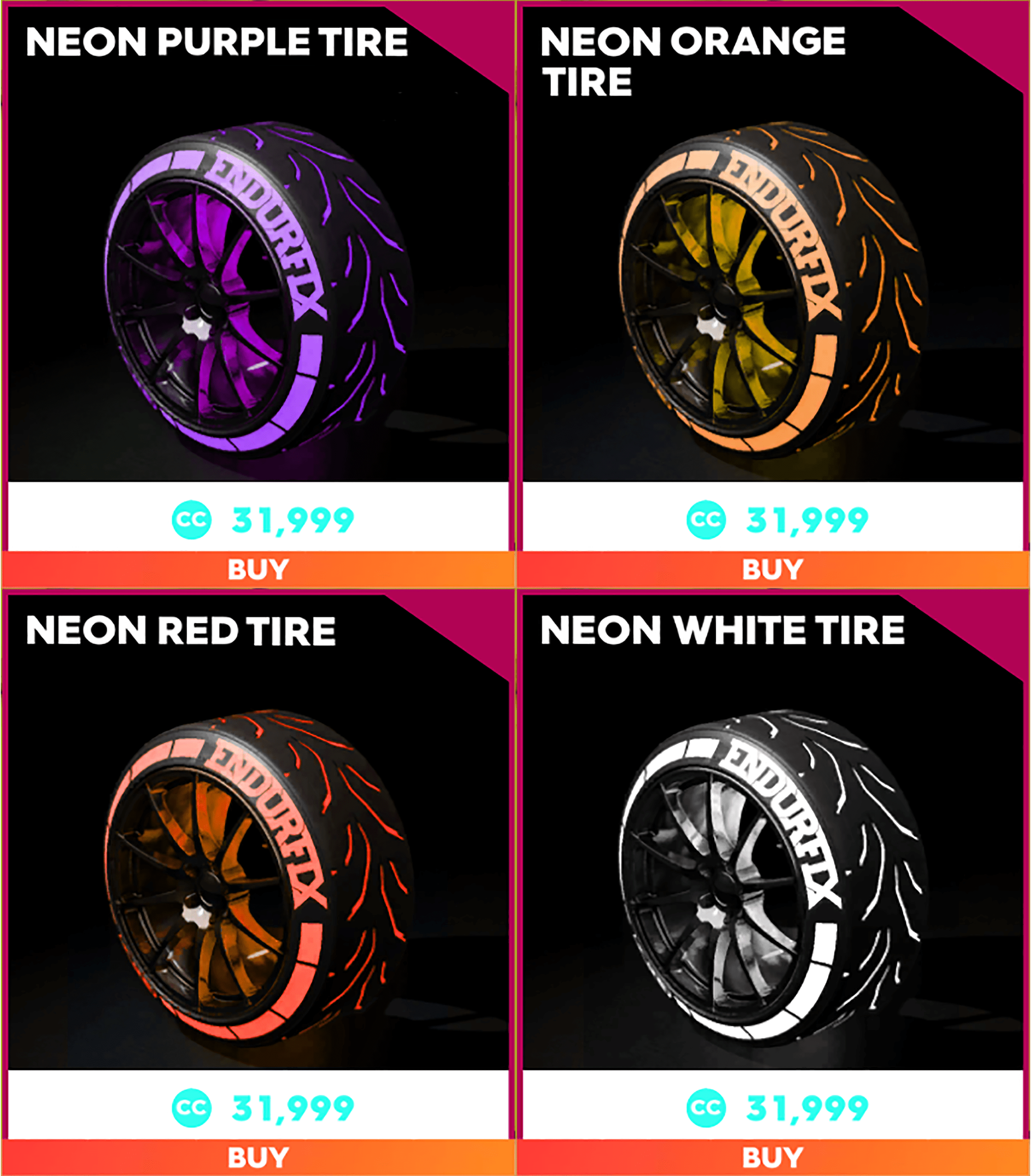 Since were getting some more neon tires (Green and Yellow) Id thought