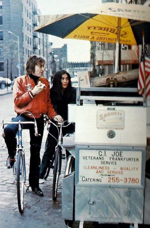 John Lennon & Yoko Ono pedaling around Greenwich Village, 1972