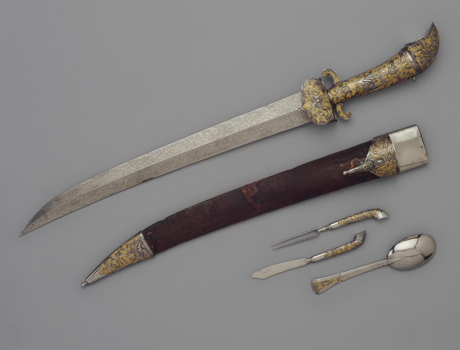 Hunting dagger (46 cm) with accessories (spoon, fork and knife), Russia