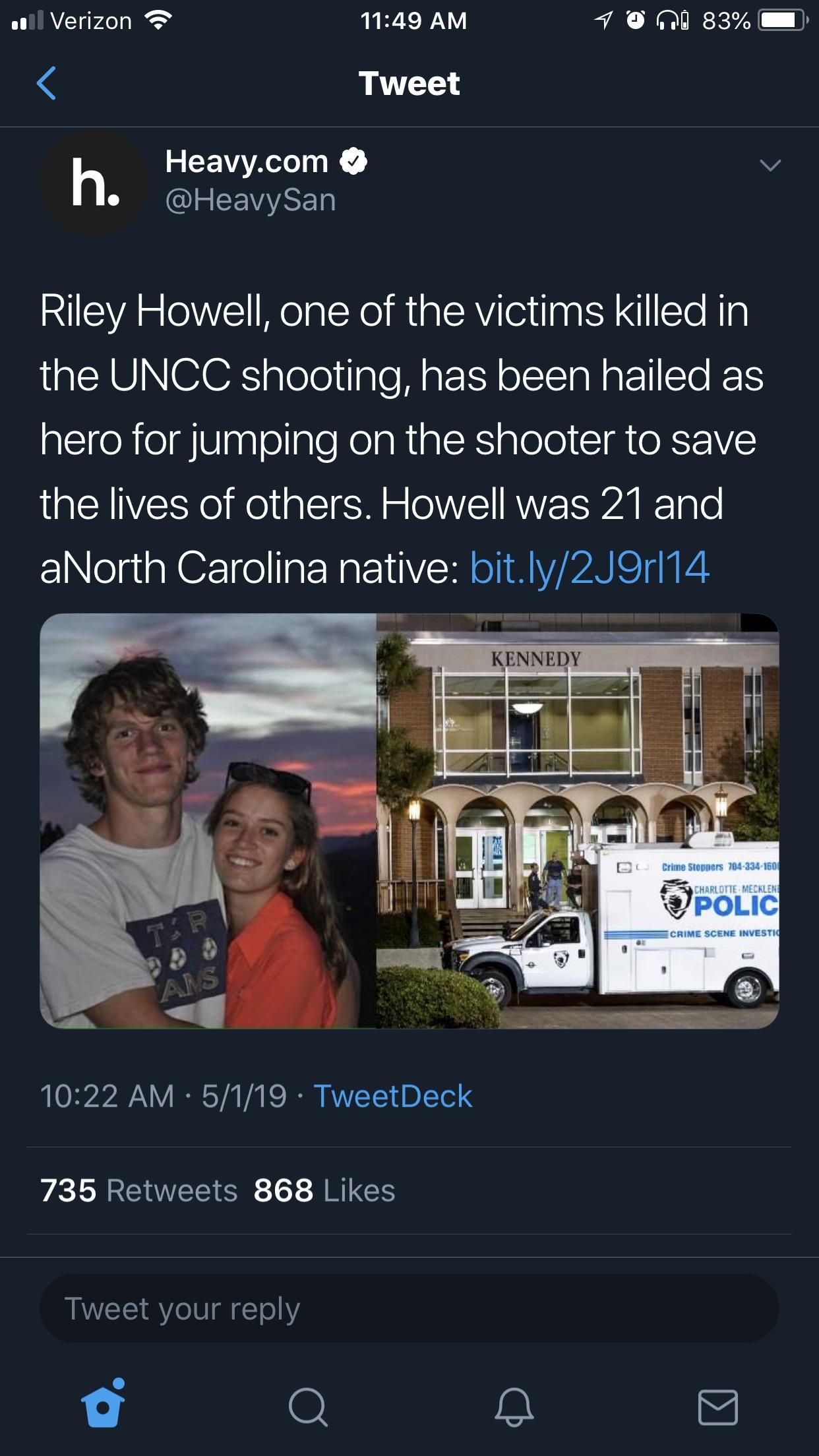 RIP Army ROTC Cadet Riley Howell, who died in the UNC Charlotte