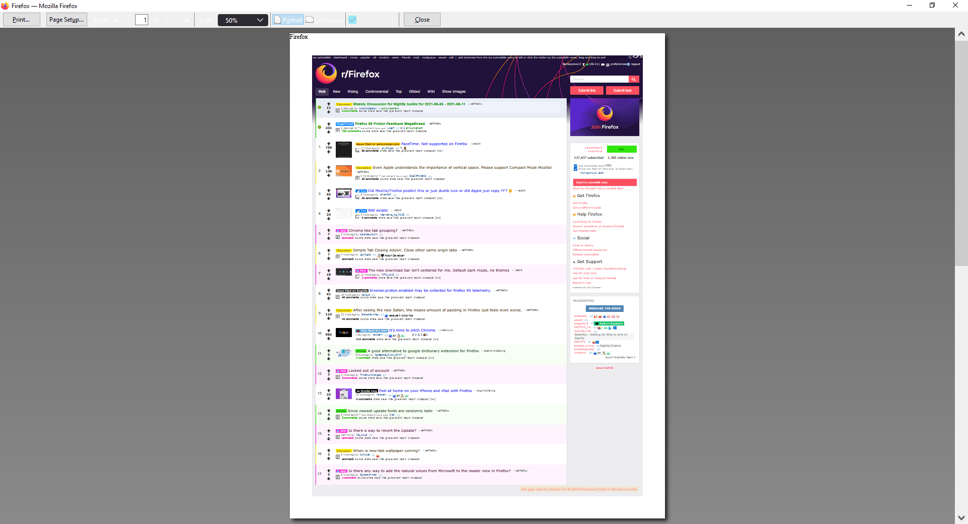 How can I fix the Print Preview Toolbar in Firefox 89? Using Dark Theme
