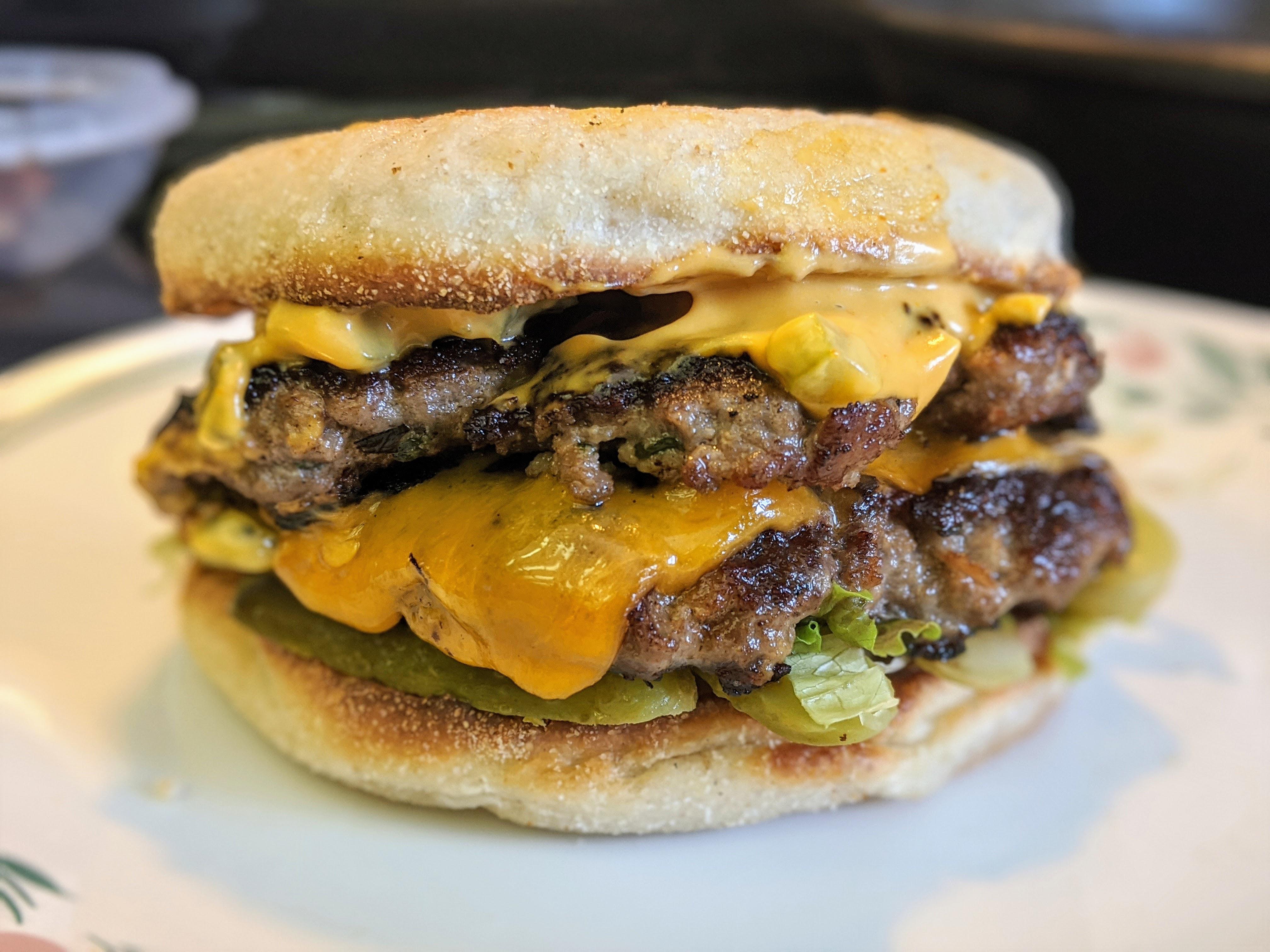 Big Mac style burger on a homemade sourdough English muffin r/FoodPorn