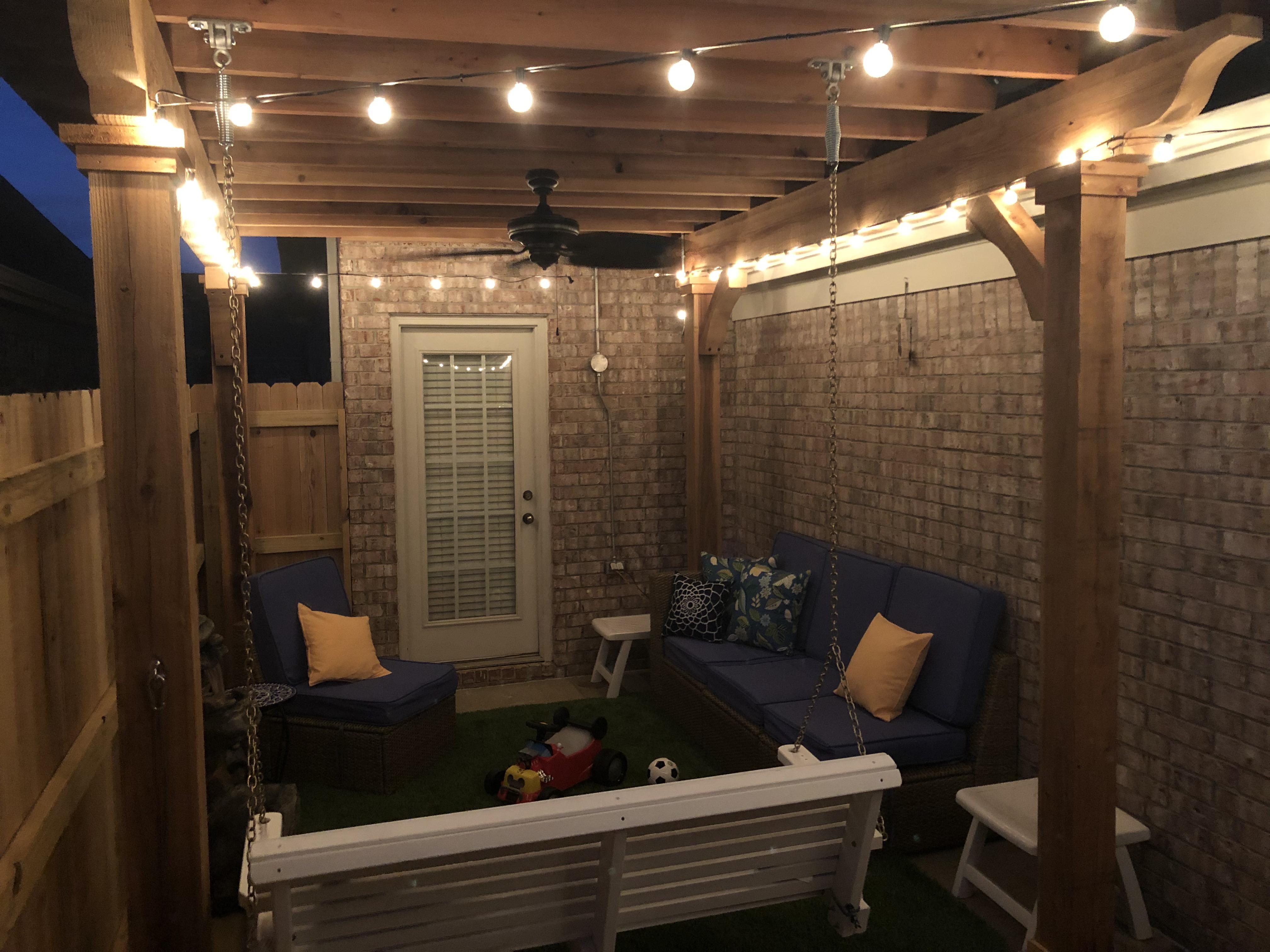 My new patio with a tinroof pergola. A perfect place to relax, read