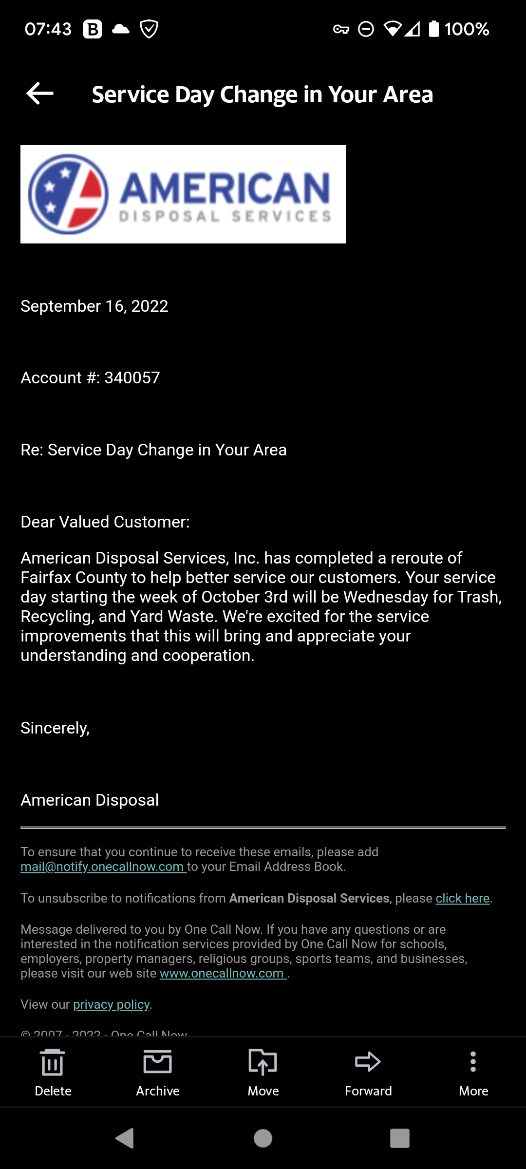 American Disposal changed it's days for Fairfax r/nova