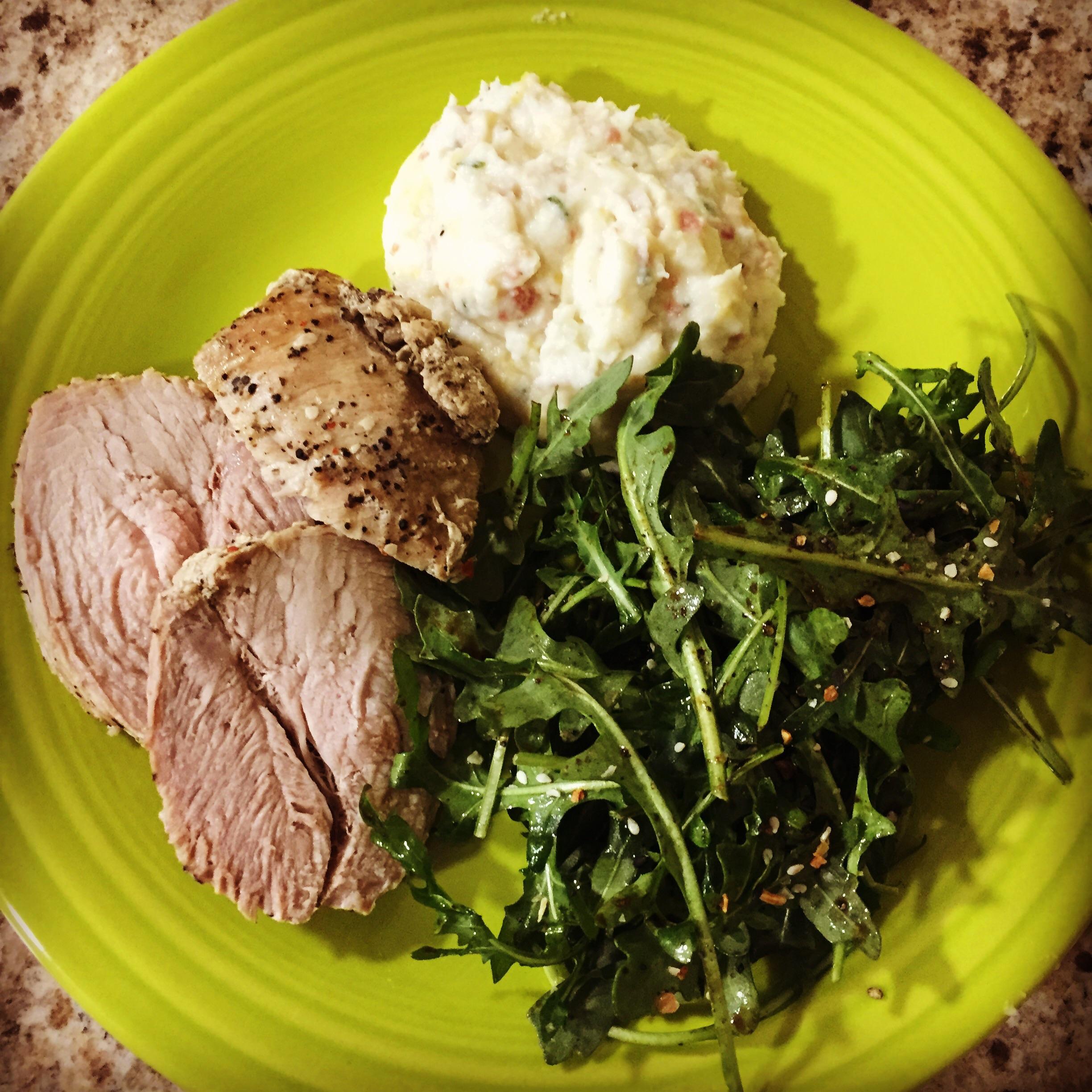 A most excellent dinner! Black pepper garlic pork tenderloin, loaded