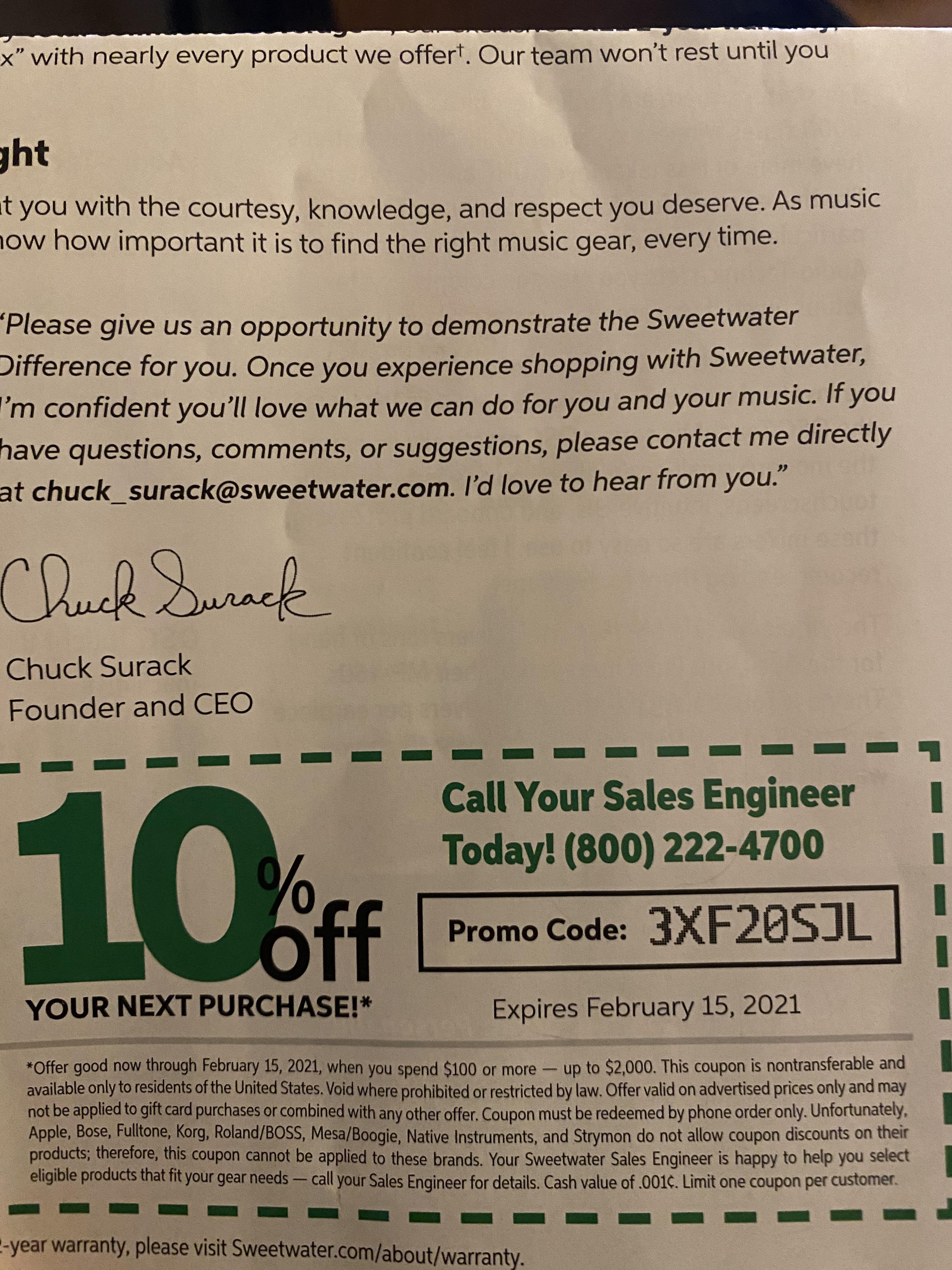 10 off code from Sweetwater for any instruments or musicrelated stuff