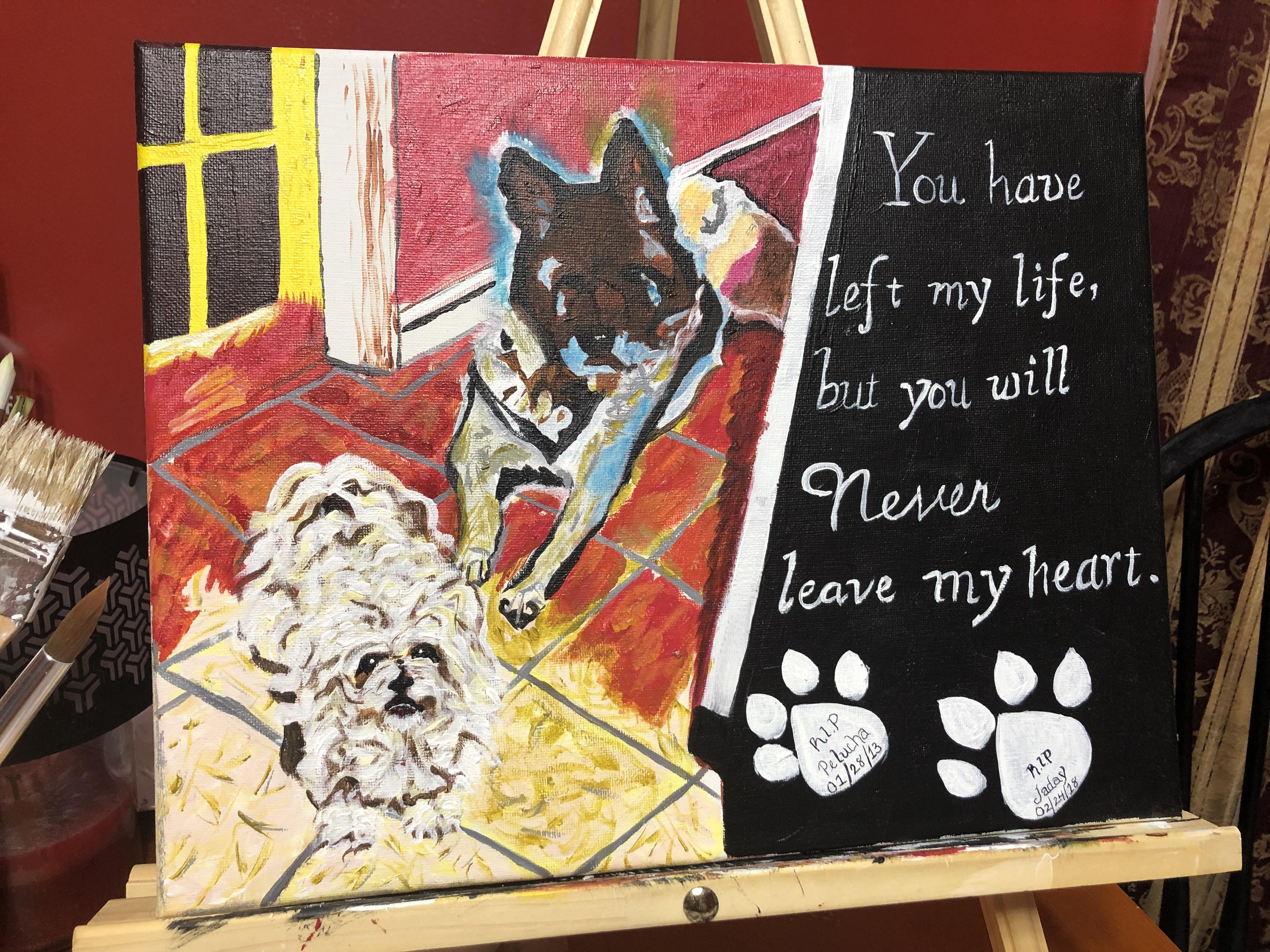 Memorial painting of two loving dogs done in Acrylic paint, my first