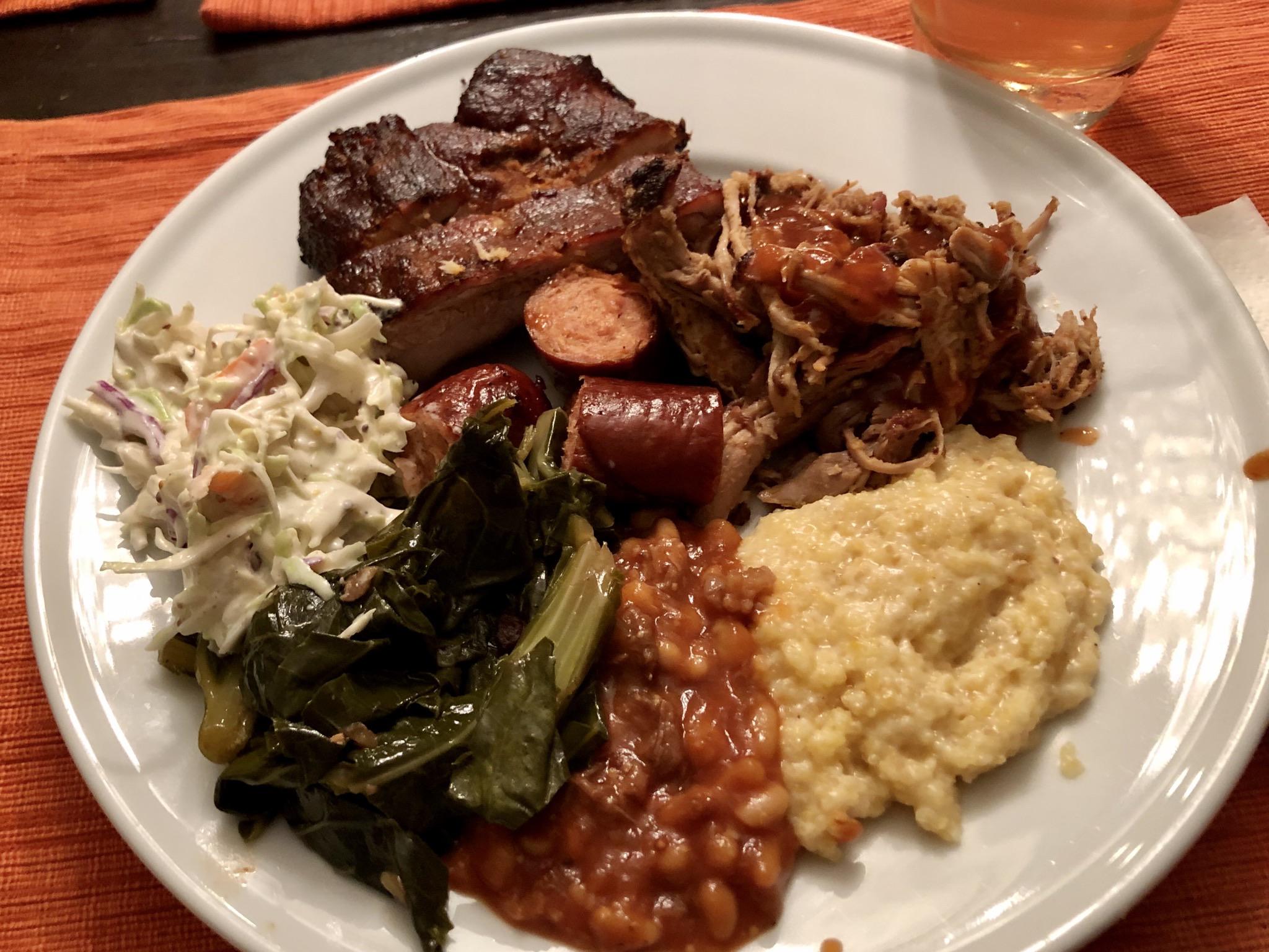 [Homemade] BBQ plate of pulled pork, St. Louis ribs, smoked brats, cheese grits, prime rib baked