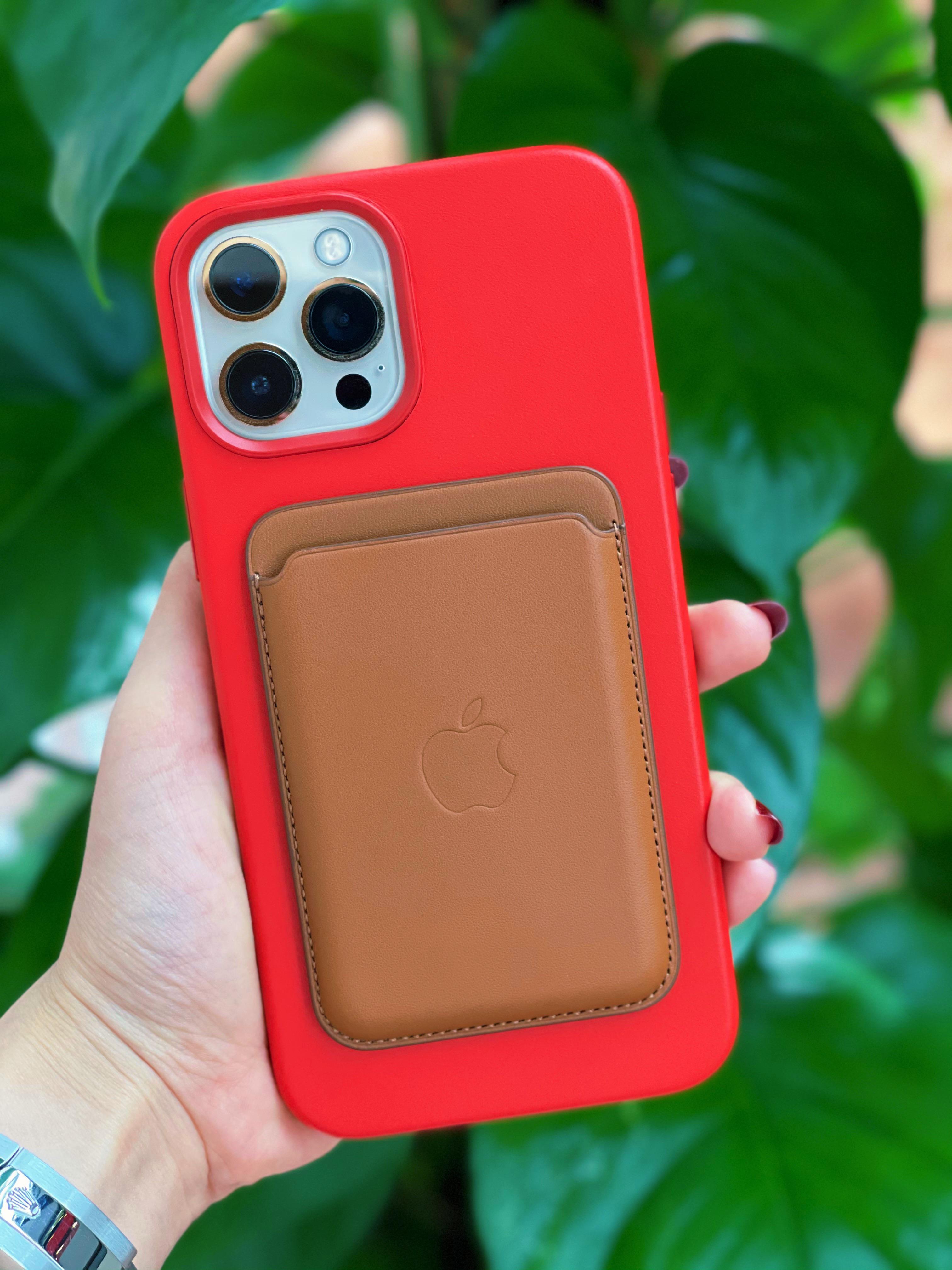 iPhone 12 Pro Max with red leather case and saddle brown magsafe wallet
