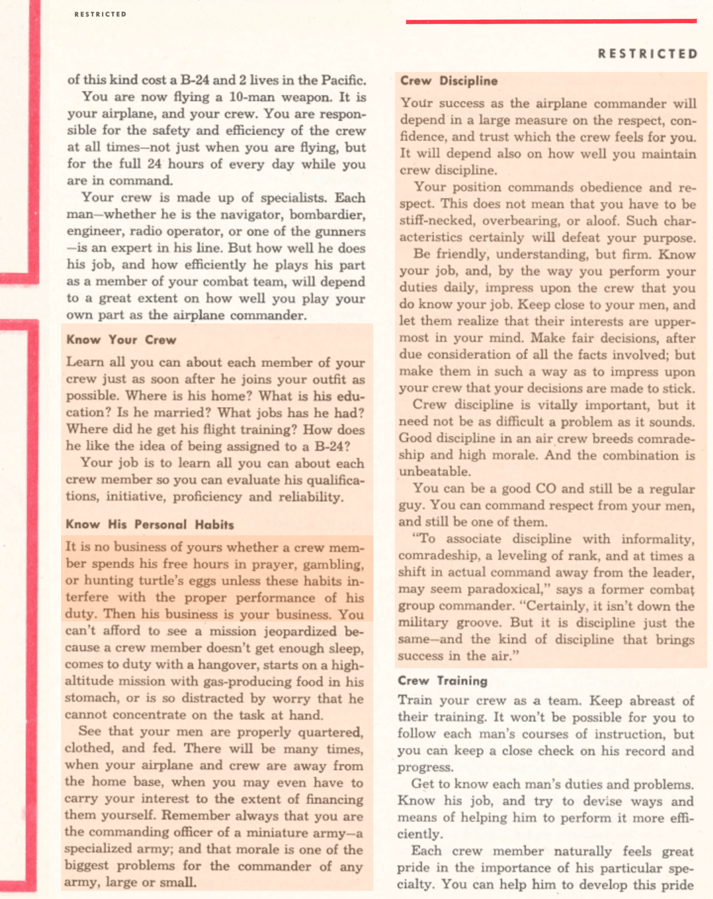 This page from a WW2 bomber pilot manual has more leadership wisdom