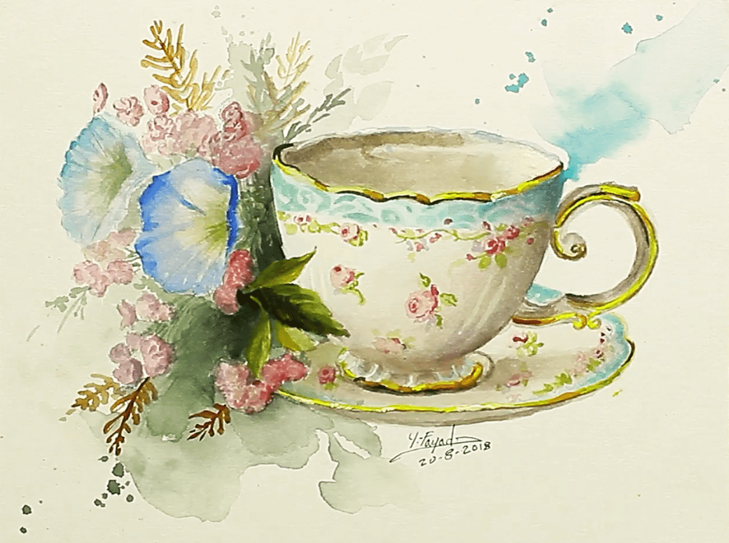 Watercolor Painting Tea Cup With Flowers By Yasser Fayad https//youtu