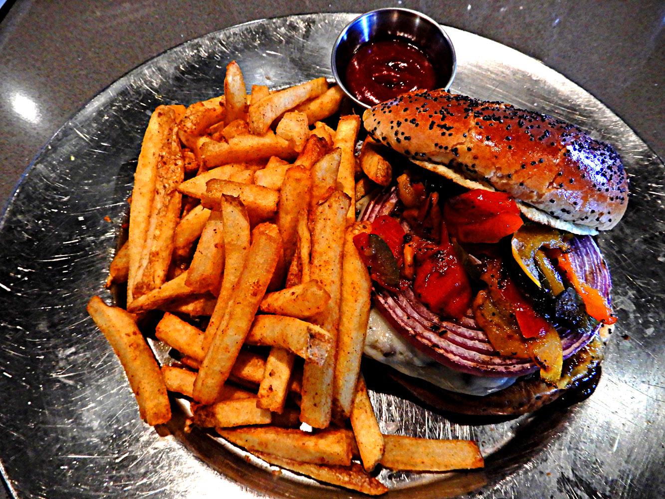 Bison burger that is absolutely outstanding! With Cajun Fries, and