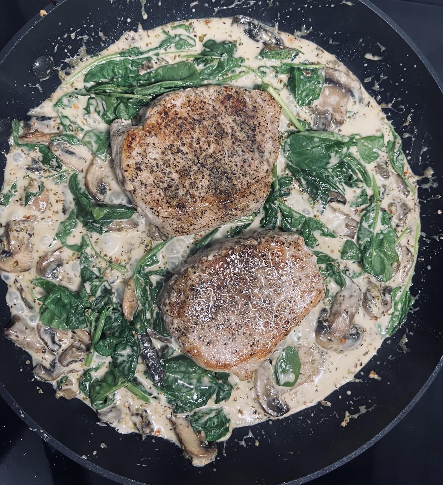 Air fryer pork chops, romaine heart with ranch and everything bagel
