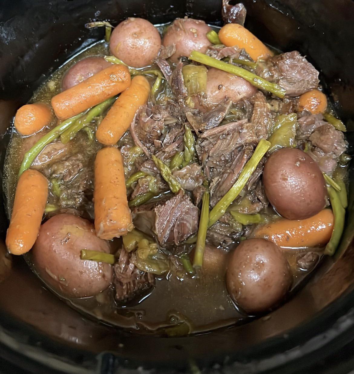 Mississippi pot roast. But added in potatoes, carrots, and asparagus in