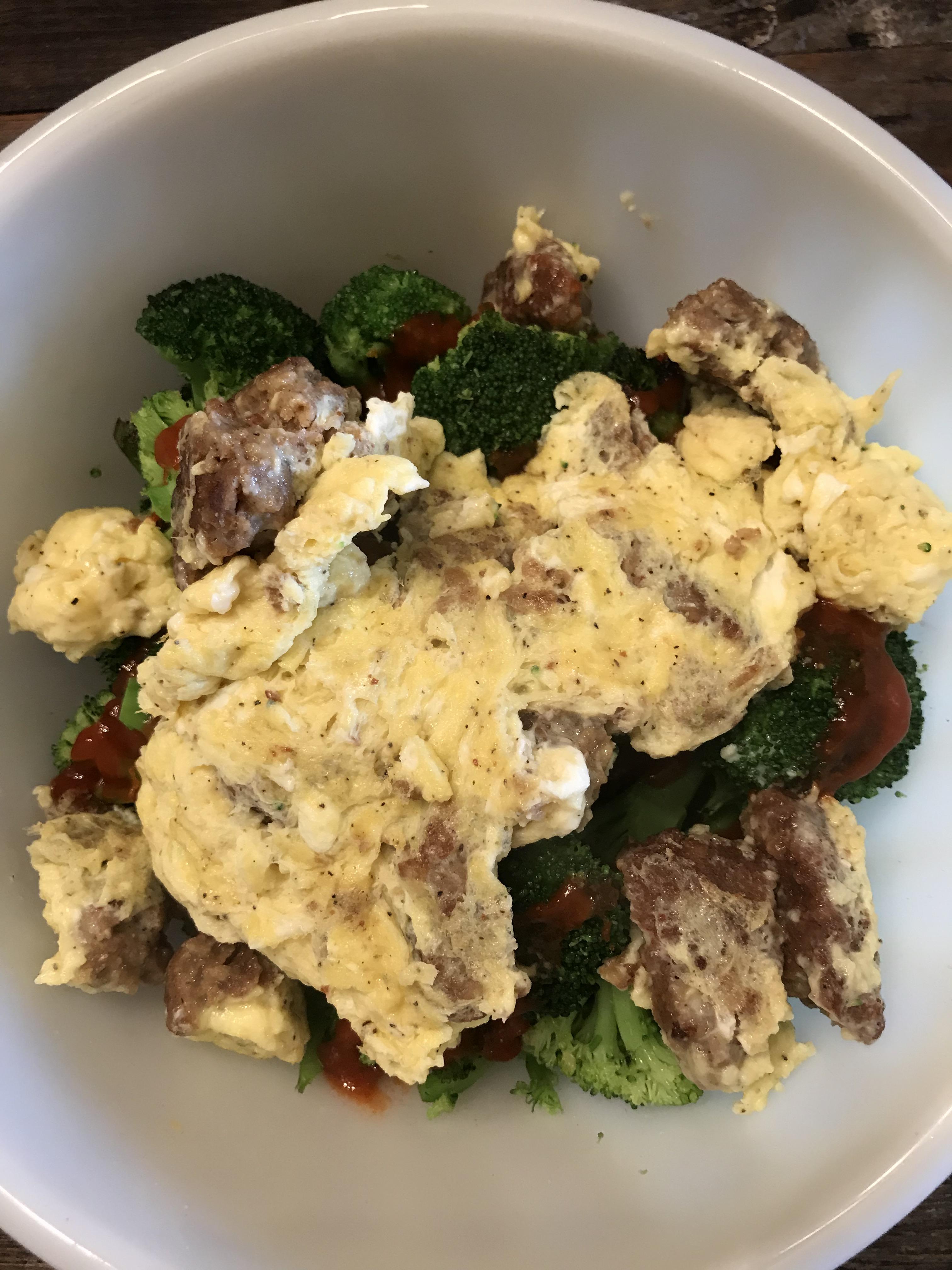 Two Eggs Scrambled with Two Morningstar Farms Patties Over a Bag if