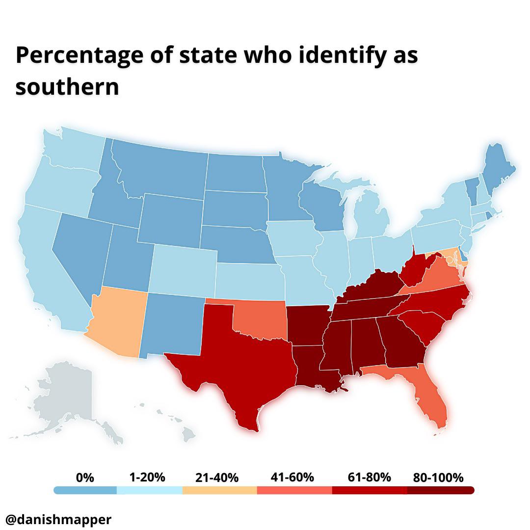 Percentage of state who identify as southern r/MapPorn