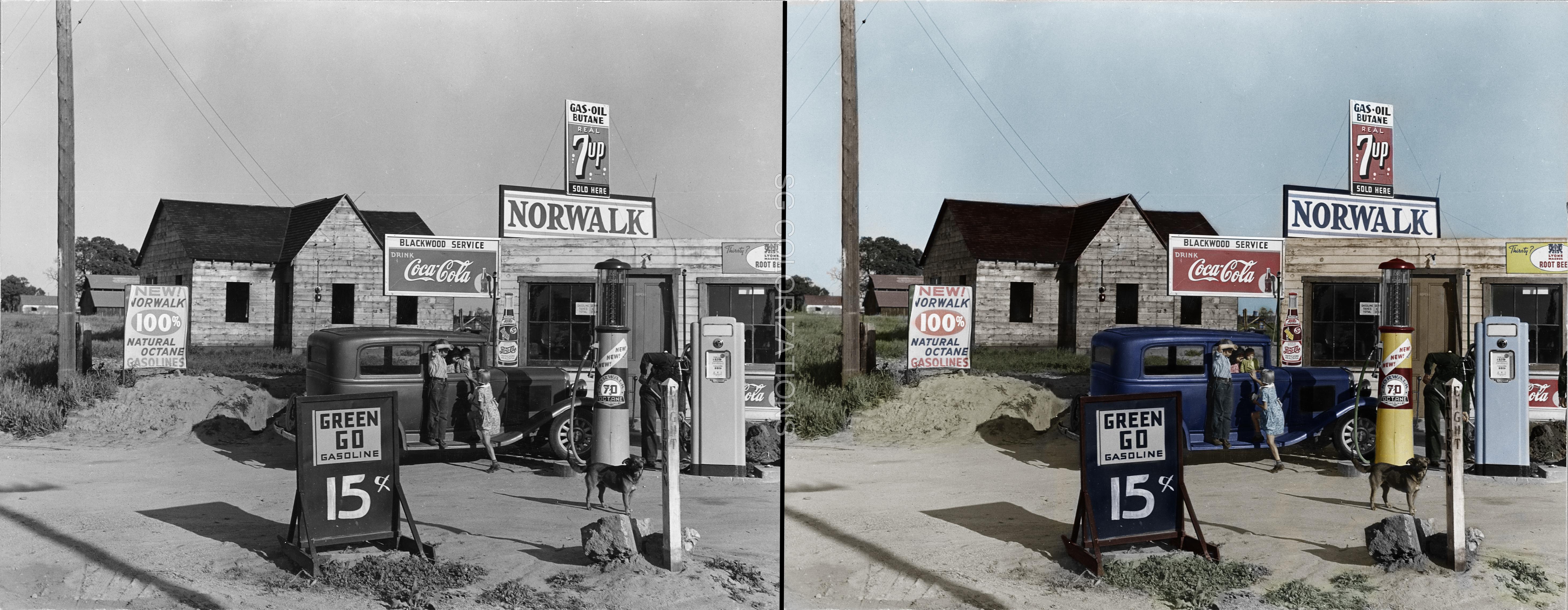Riverbank Gas Station, by Dorothea Lange (1940) r/Colorization
