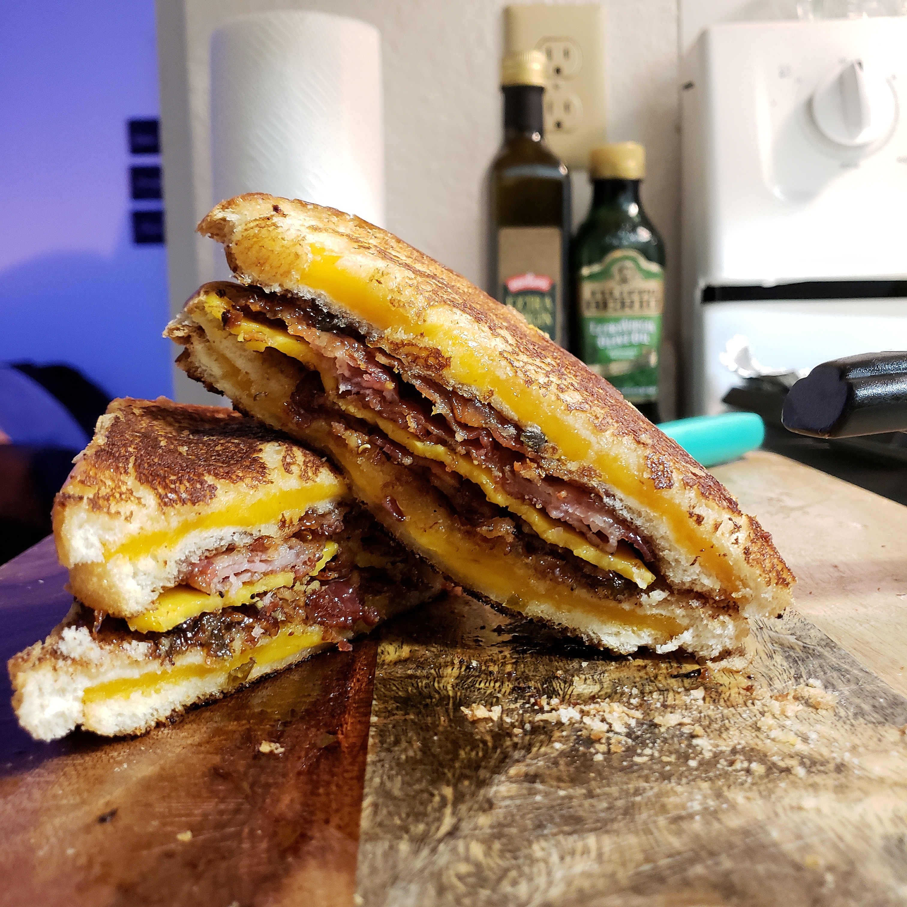 Smoked/candied bacon and onion jam sandwich held together with two