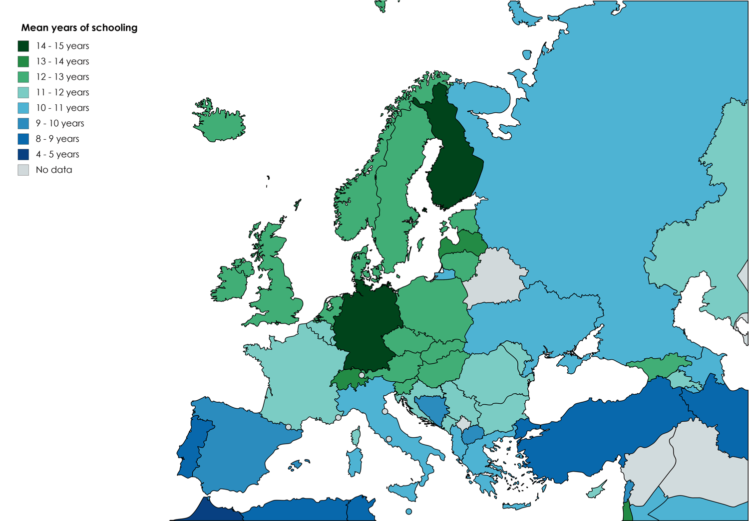 Mean years of schooling in European countries [OC] [1500 x 1044] r/MapPorn