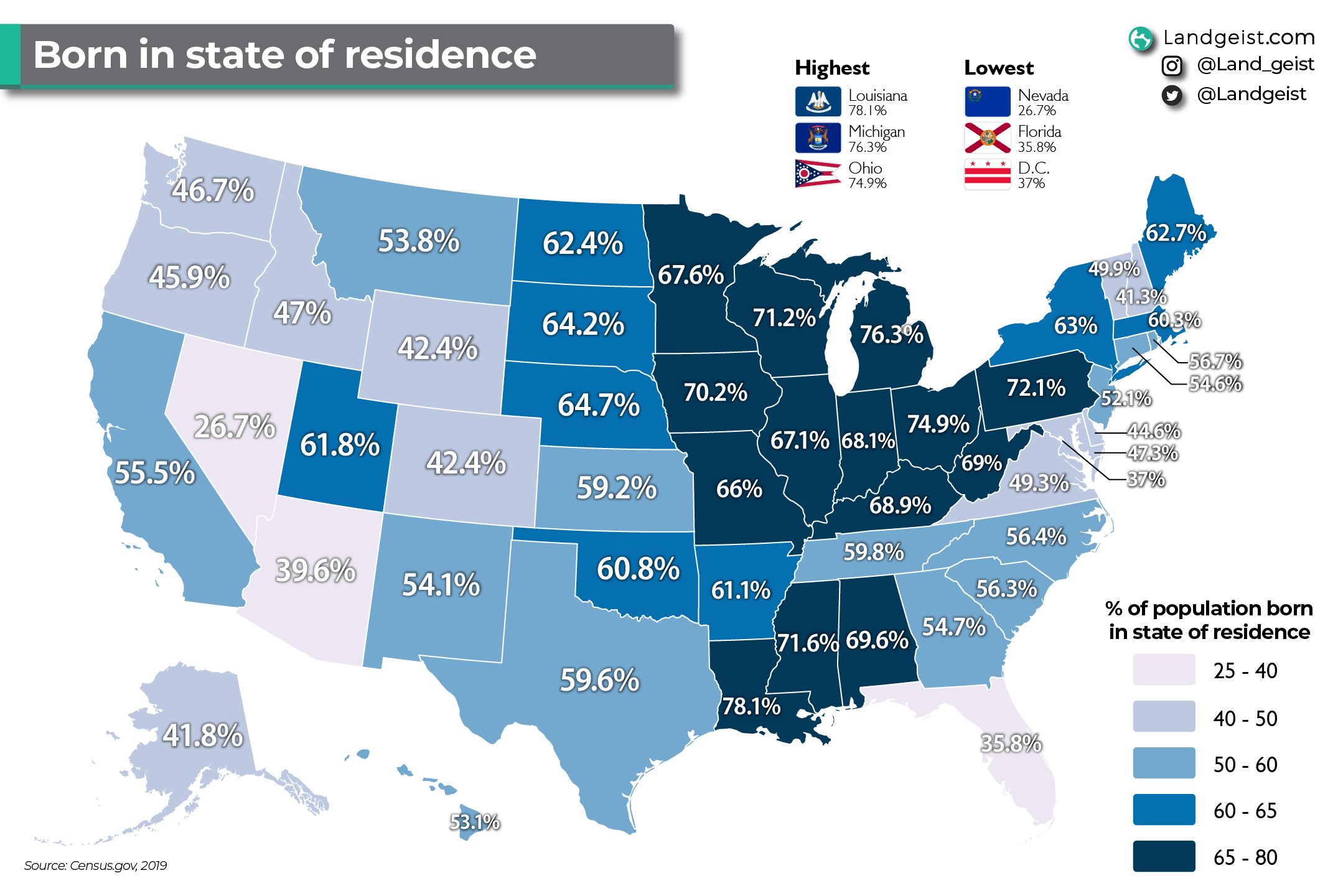 Percentage of population born in state of residence MapPorn
