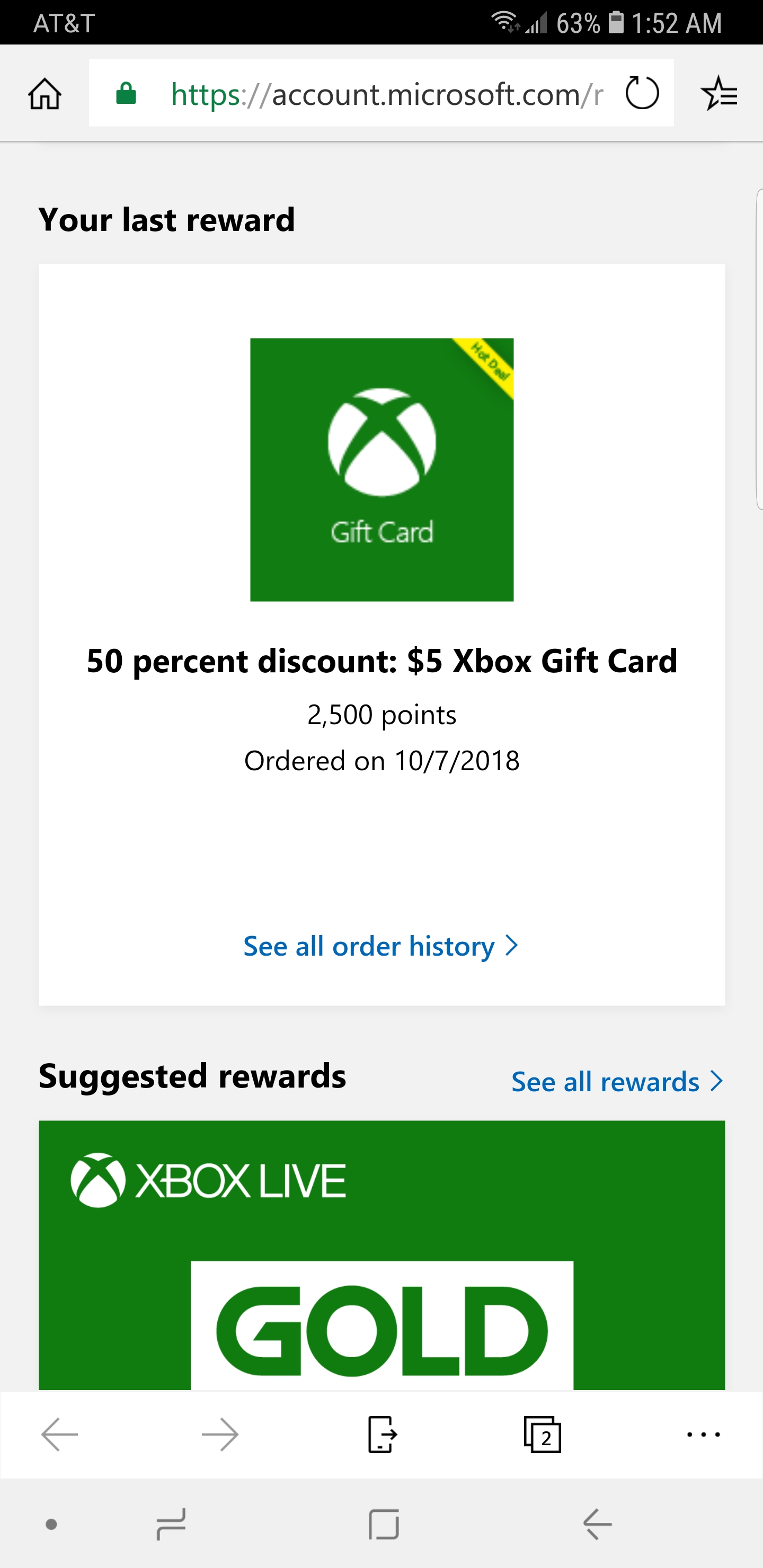 PSA 2,500 points for a 5 gift card via MS Rewards xboxone