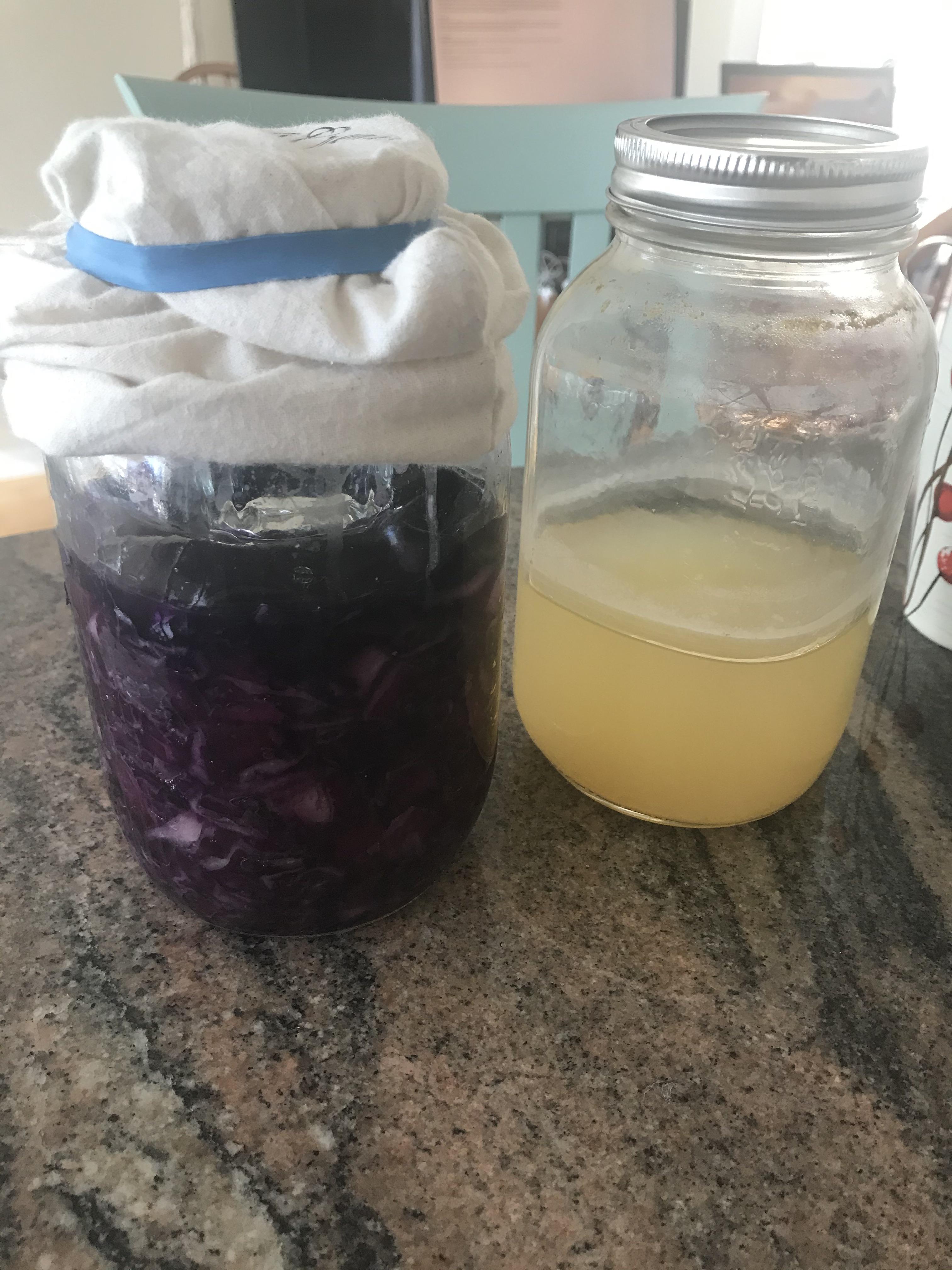 My first ever sauerkraut in the making and my first ever batch of scrap apple cider vinegar! r