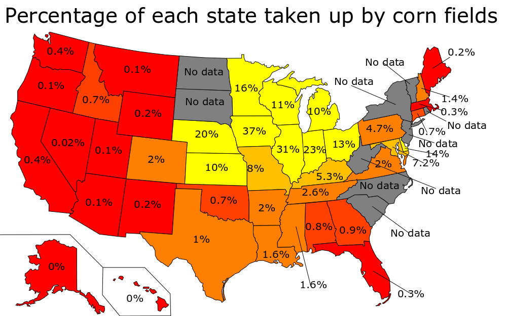 Percentage Of Each State Taken Up By Corn Fields Map
