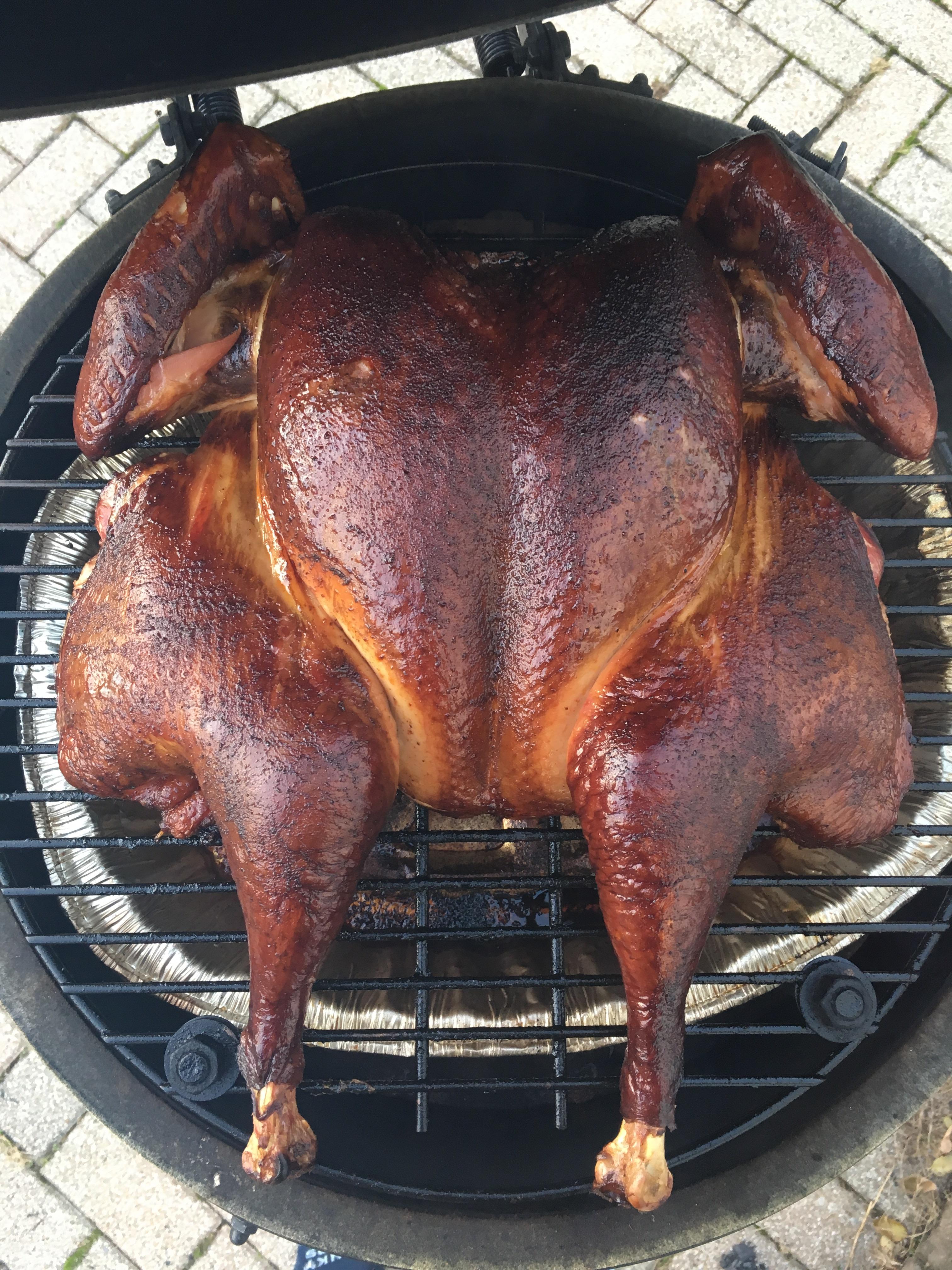 16 pound spatchcock turkey with bourbon glaze smoked with cherry wood