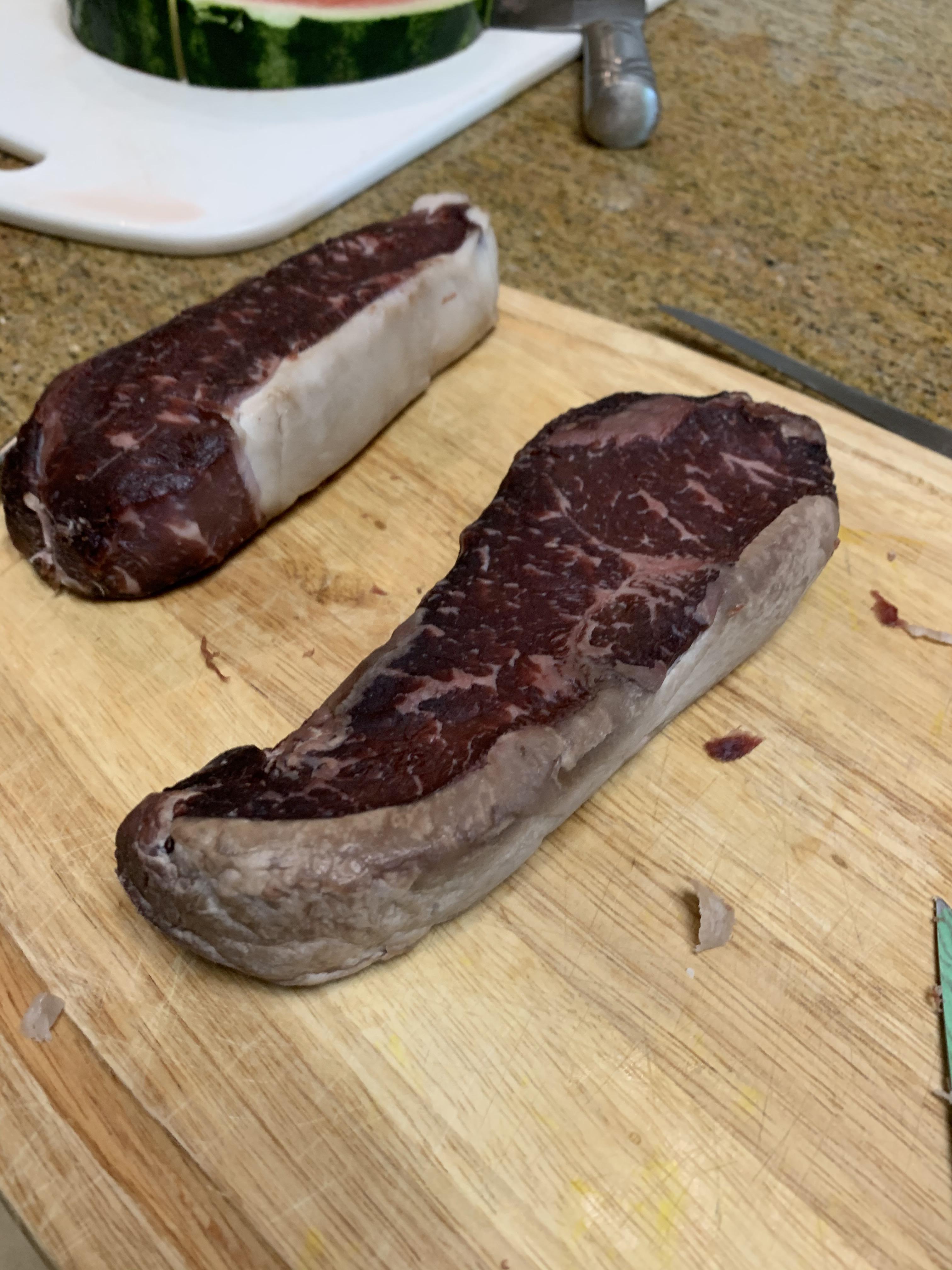 9Day Dry Age NY Strip. Far one is trimmed; did I remove the crust well
