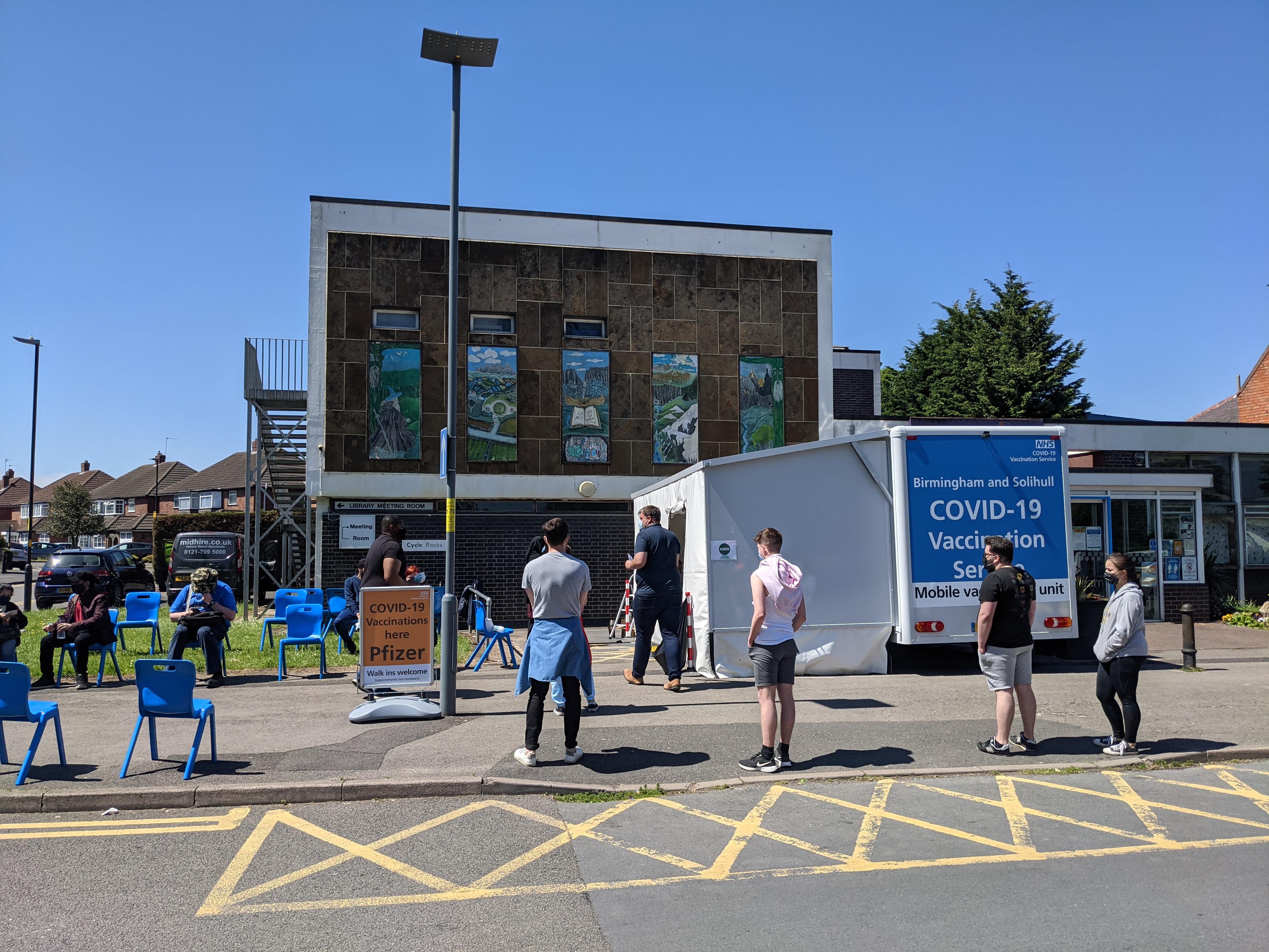 Walk in PfizerBiontech vaccine van, Hall Green Library Birmingham. Any