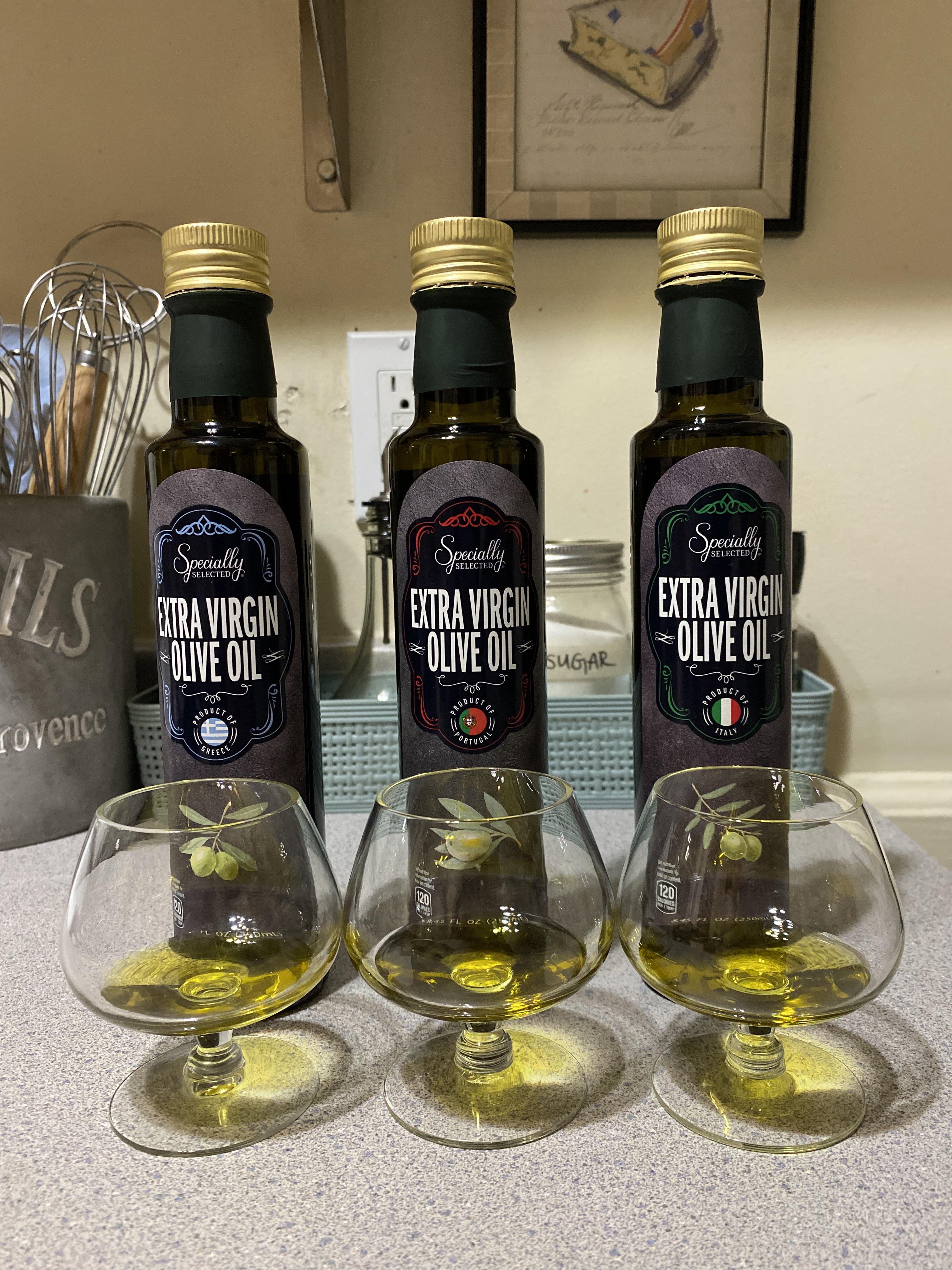 little olive oil tasting courtesy of our local Aldi Greece, Portugal