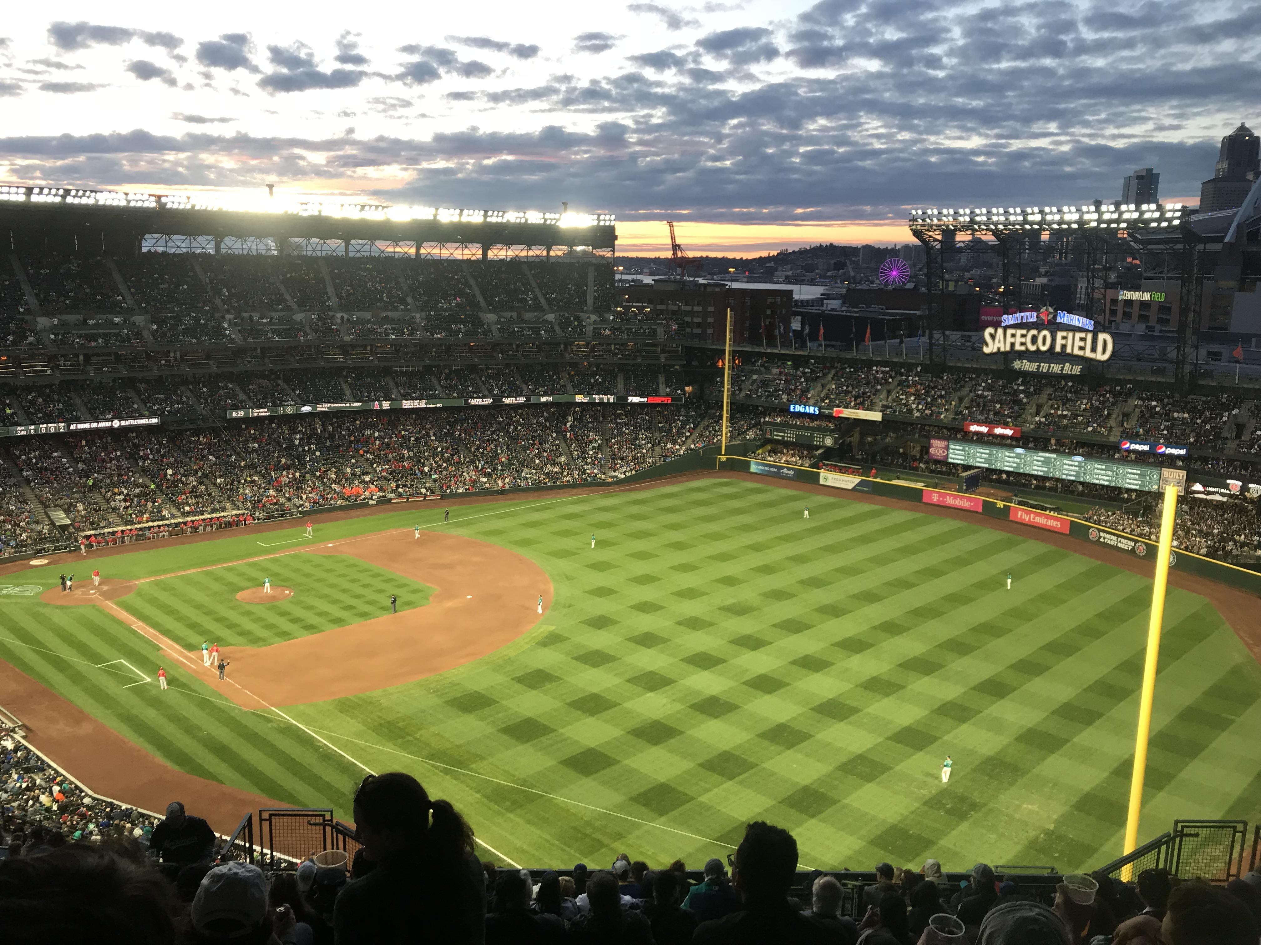 The Sun sets over the Seattle Mariners’ Safeco Field.[OC] r/sunset