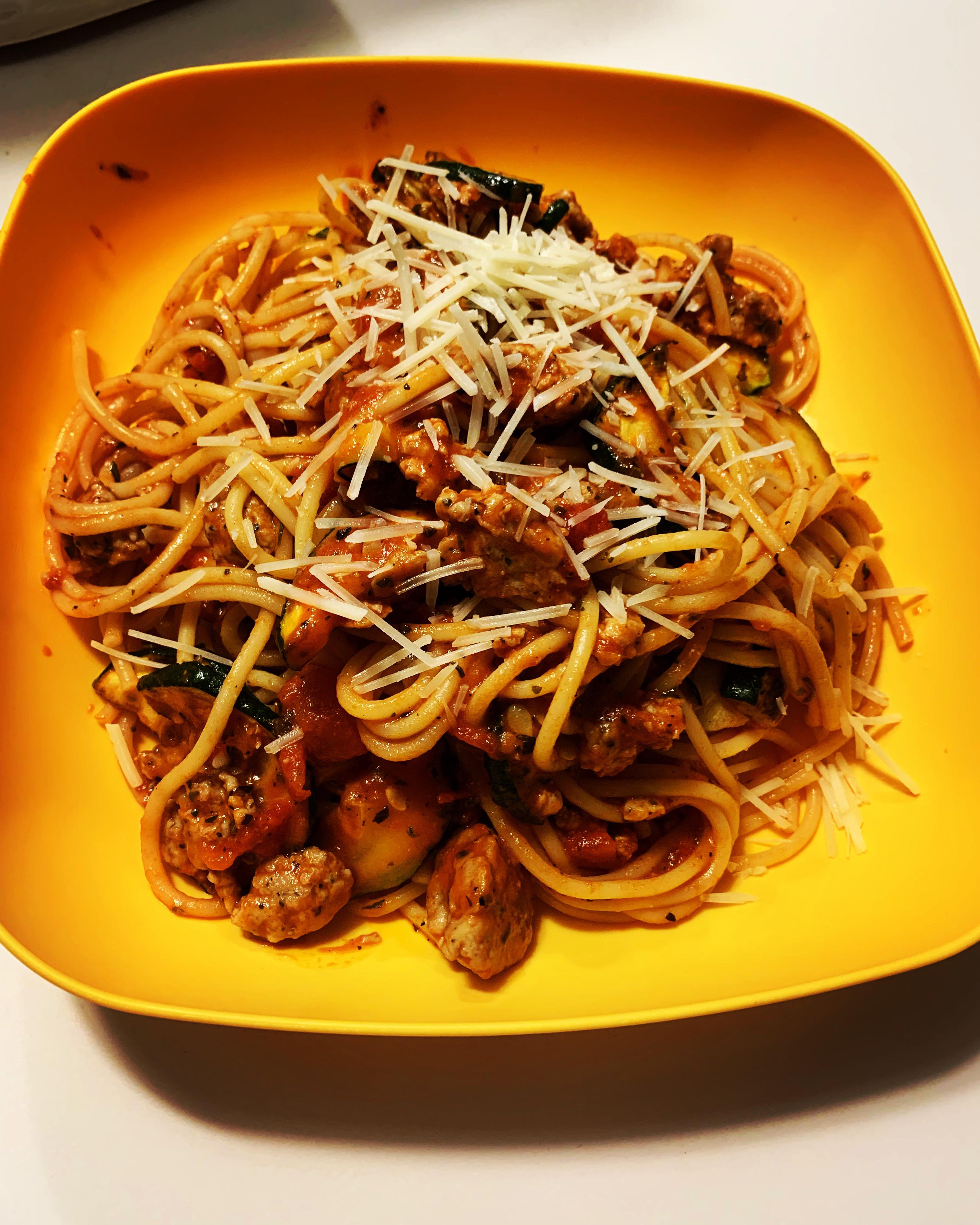 Chicken Sausage and Zucchini Spaghetti Bolognese. Definitely a 10/10