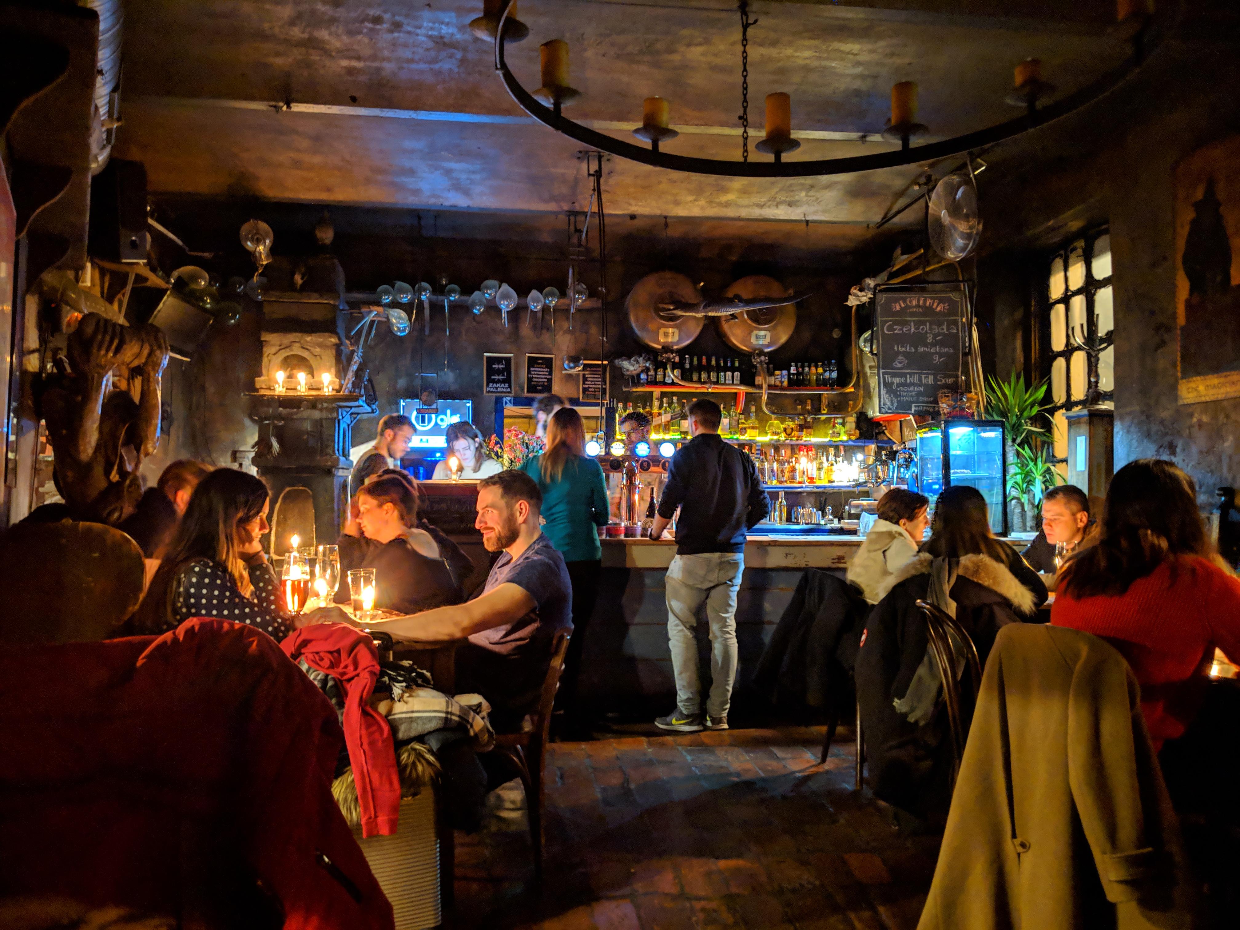 Candlelit bar in Krakow, Poland. Photo taken using Night Sight on Pixel