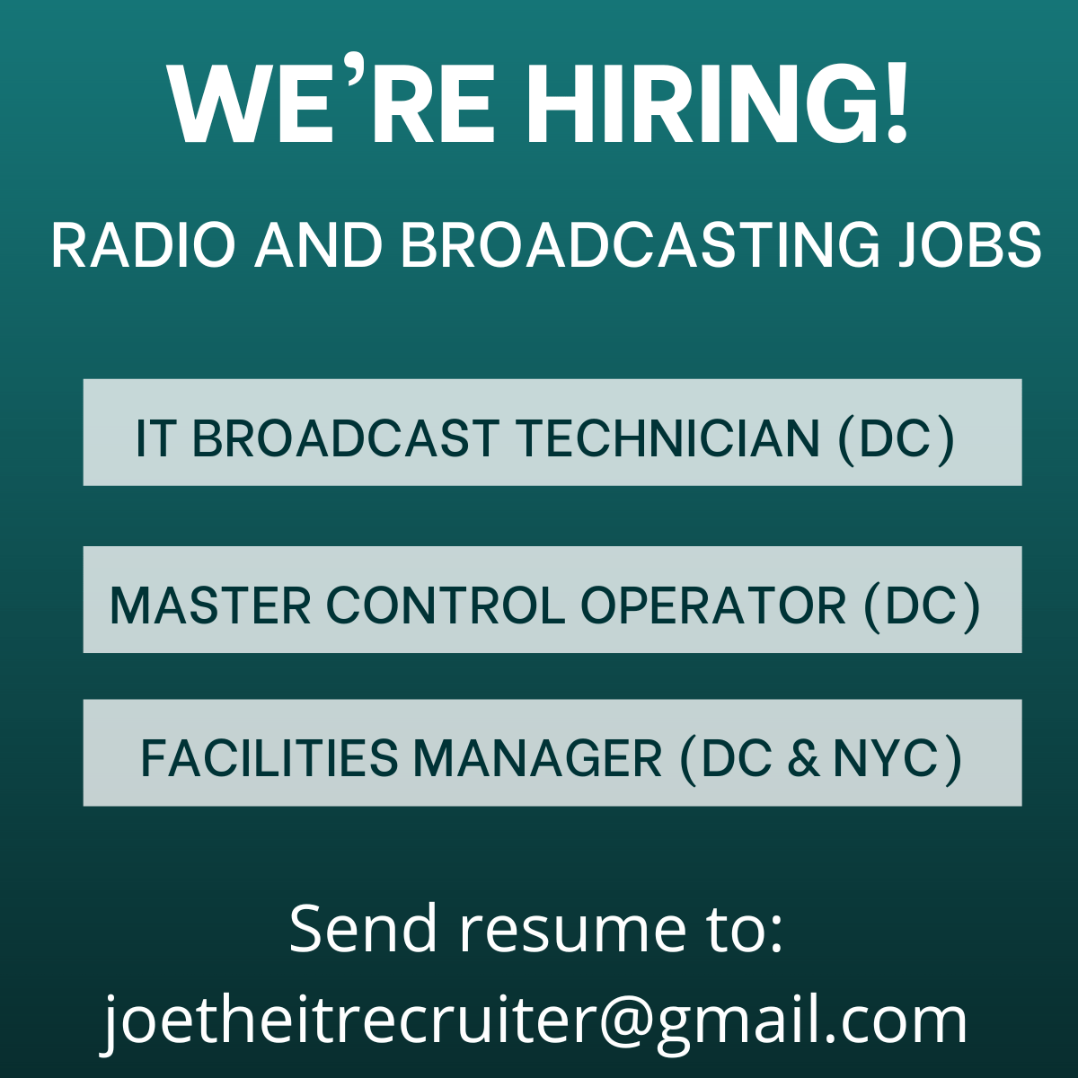 [HIRING] Multiple Radio and Broadcasting Jobs DC & NYC! r/NJjobs