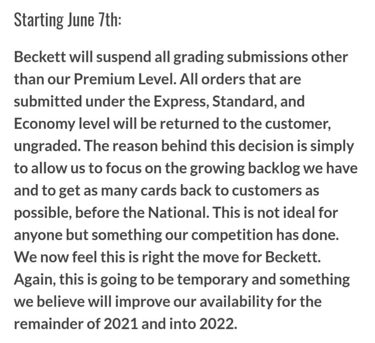 Beckett is suspending all grading submissions that are not at the