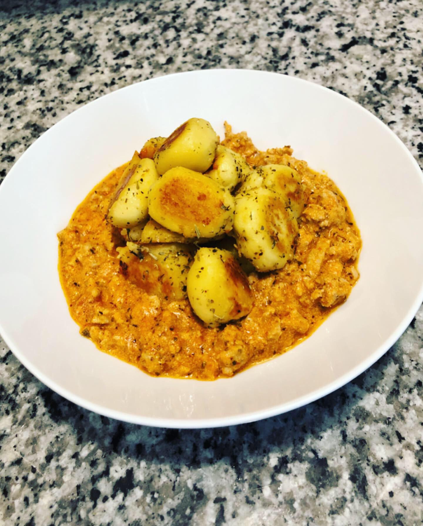 Trader Joe’s airfried cauliflower gnocchi with spicy ground turkey