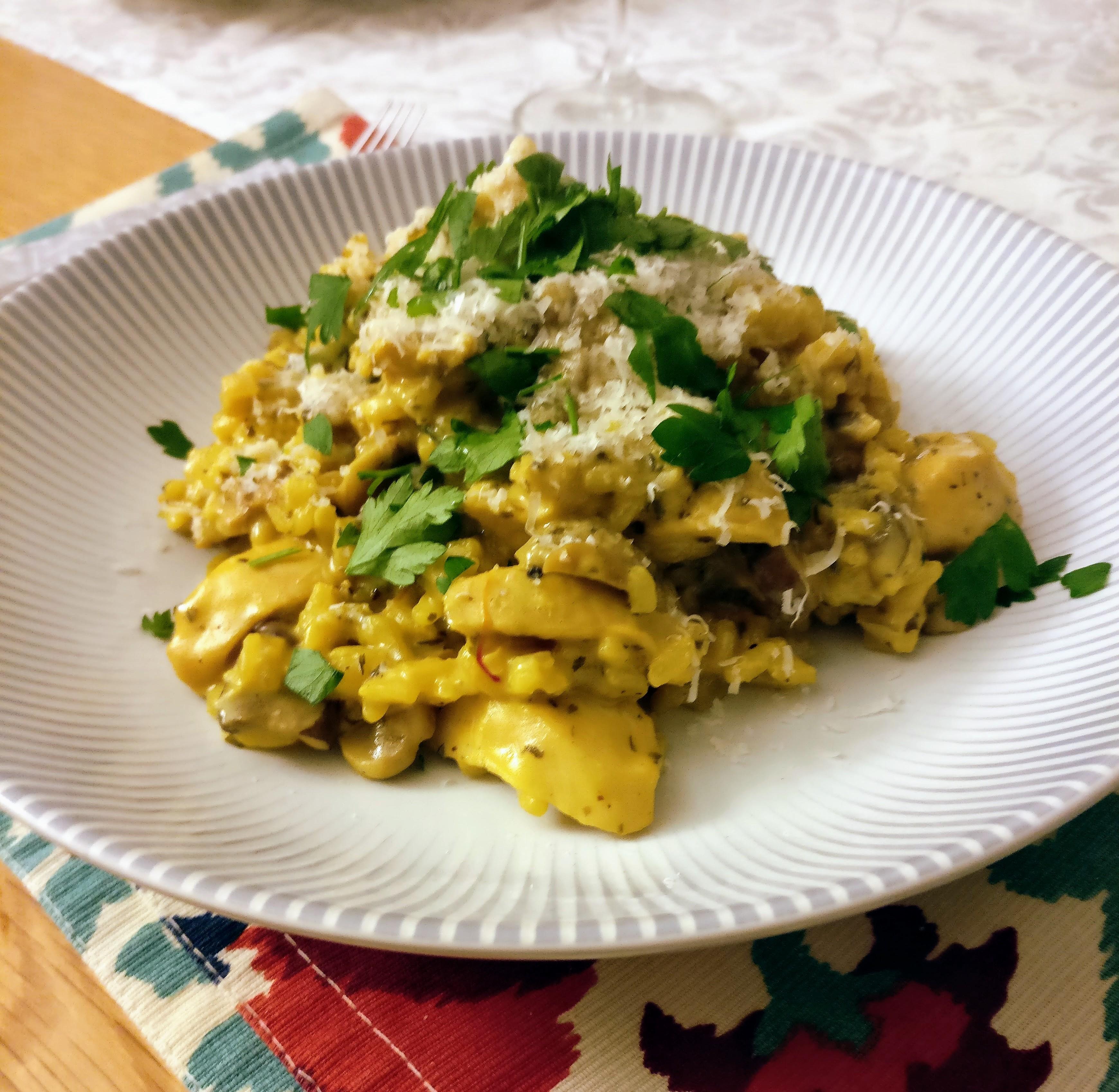 Chicken, Mushroom and tarragon risotto with saffron and parsley