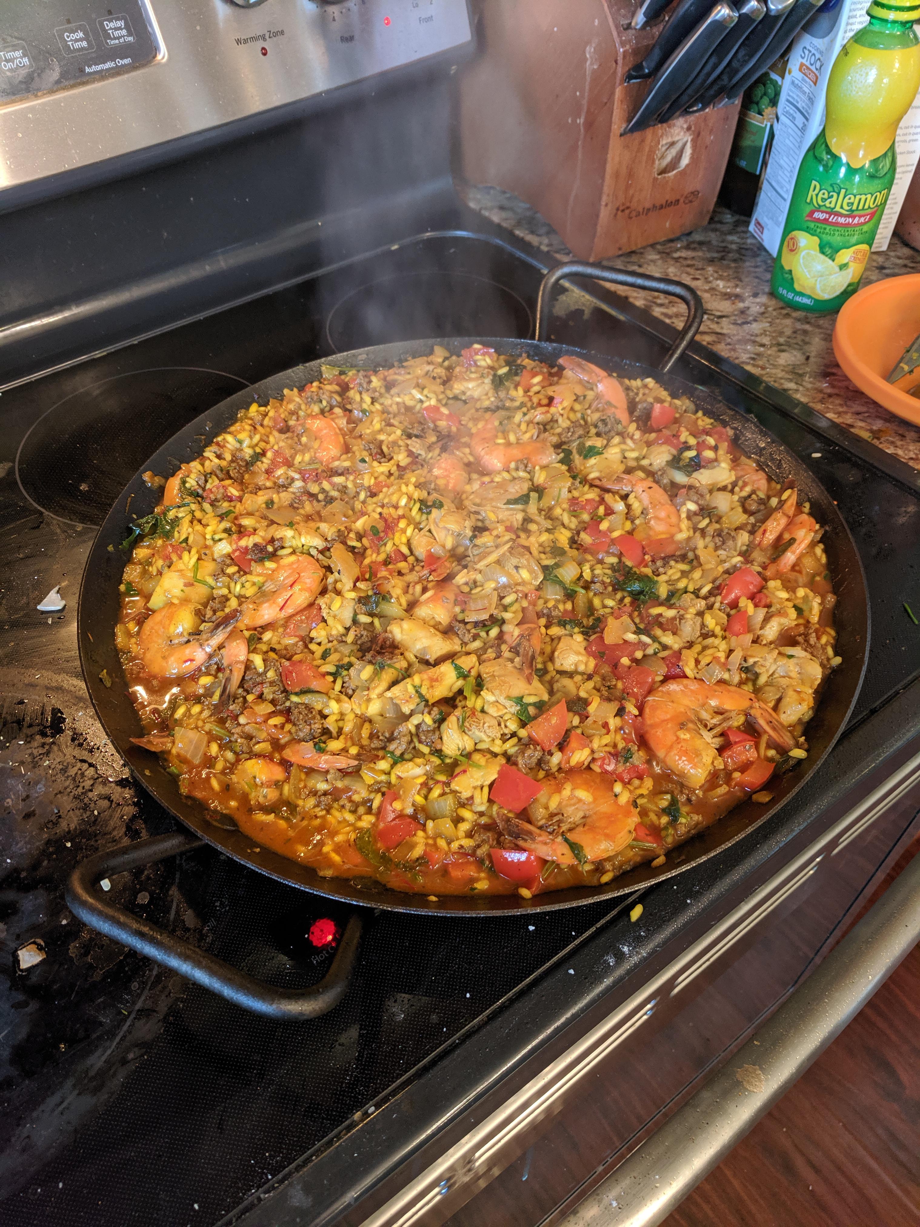 [homemade] Made paella this weekend boneless chicken thighs, shrimp, chorizo sausage r/food