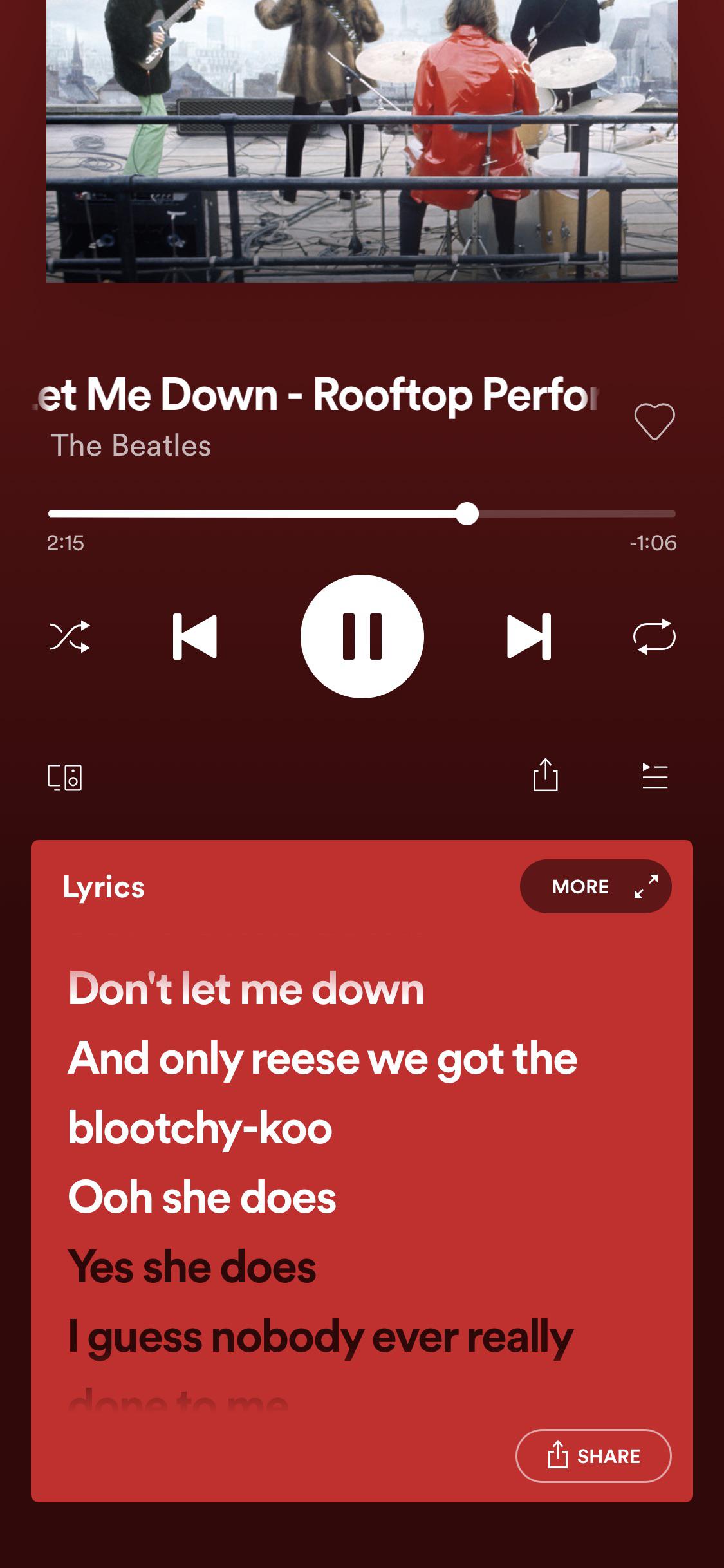 Spotify nailed the lyrics here (from the Rooftop Concert) r/beatles