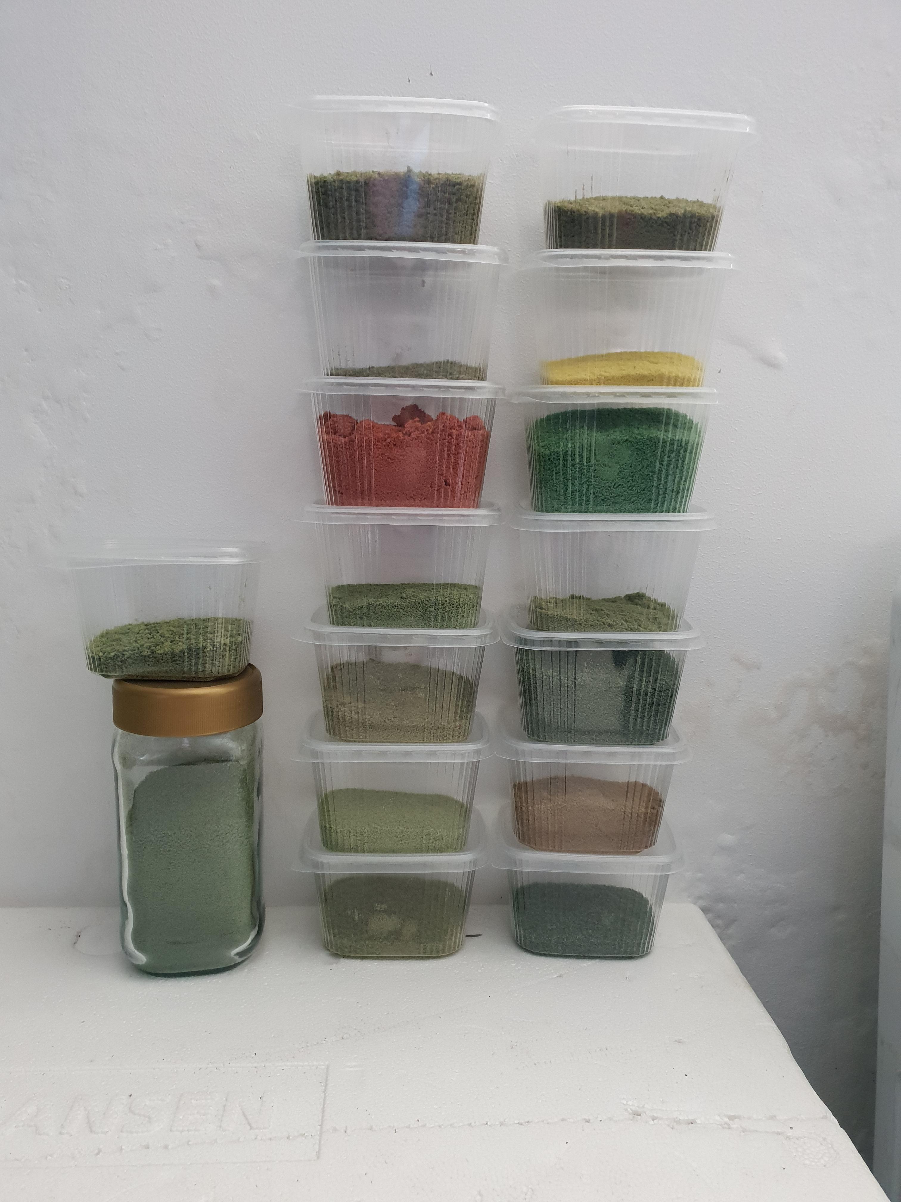 Home made foam flock base colors ready to be mixed in a lot of