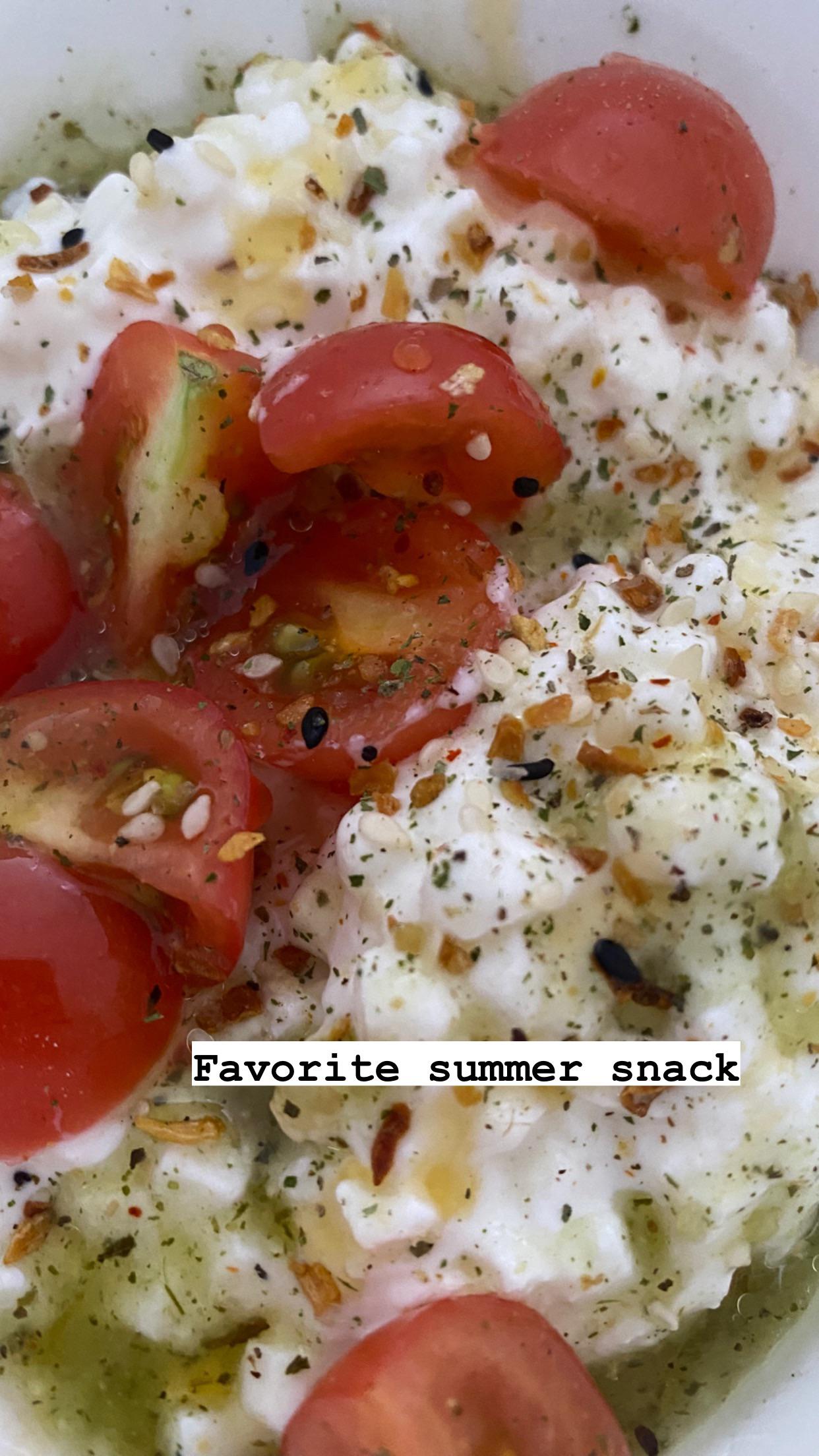 Savory cottage cheese. 3 small homegrown cherry tomatoes split into 4’s