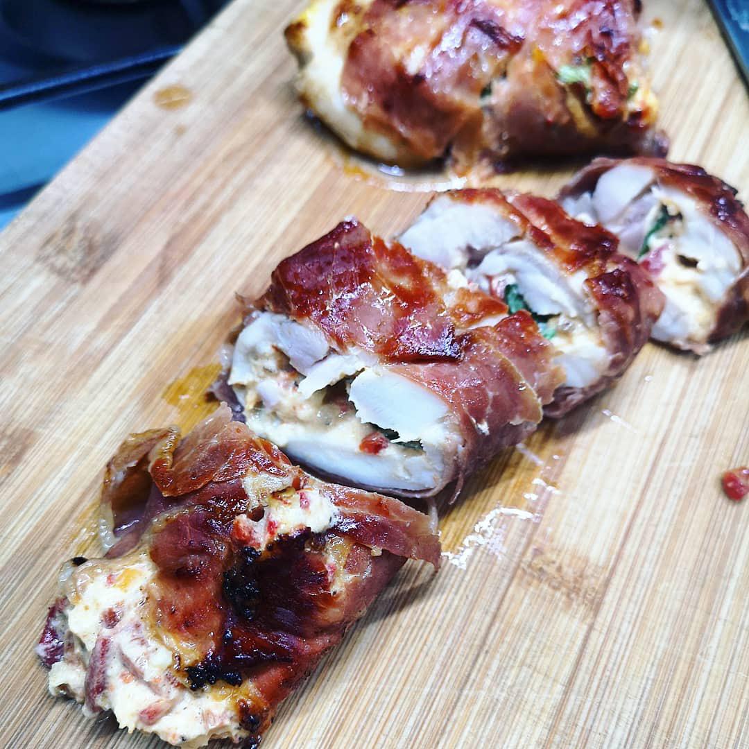 [Homemade] Prosciutto wrapped chicken stuffed with truffle cheese r/food