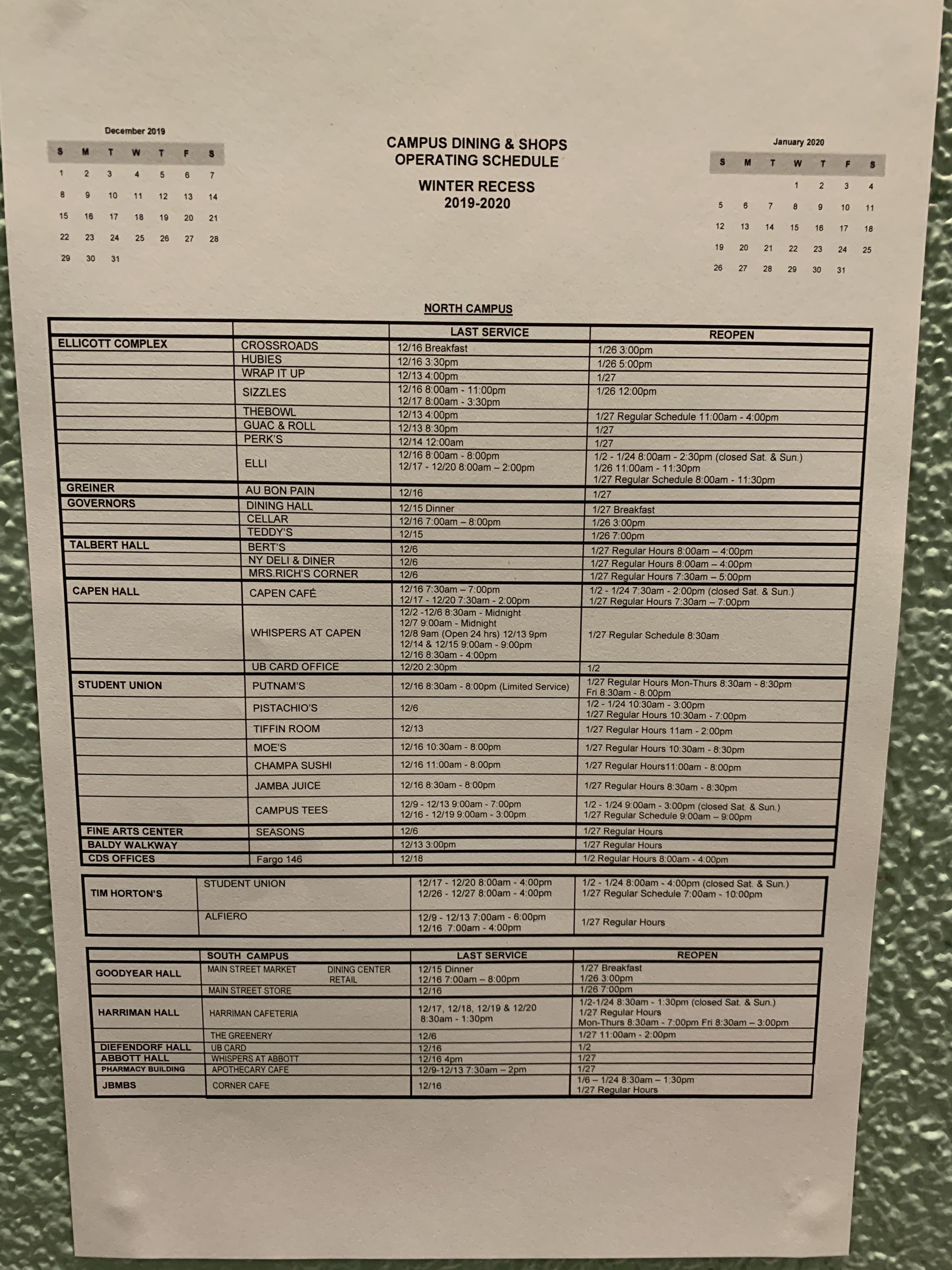 Campus Dining locations (and UB card offices) reopening dates