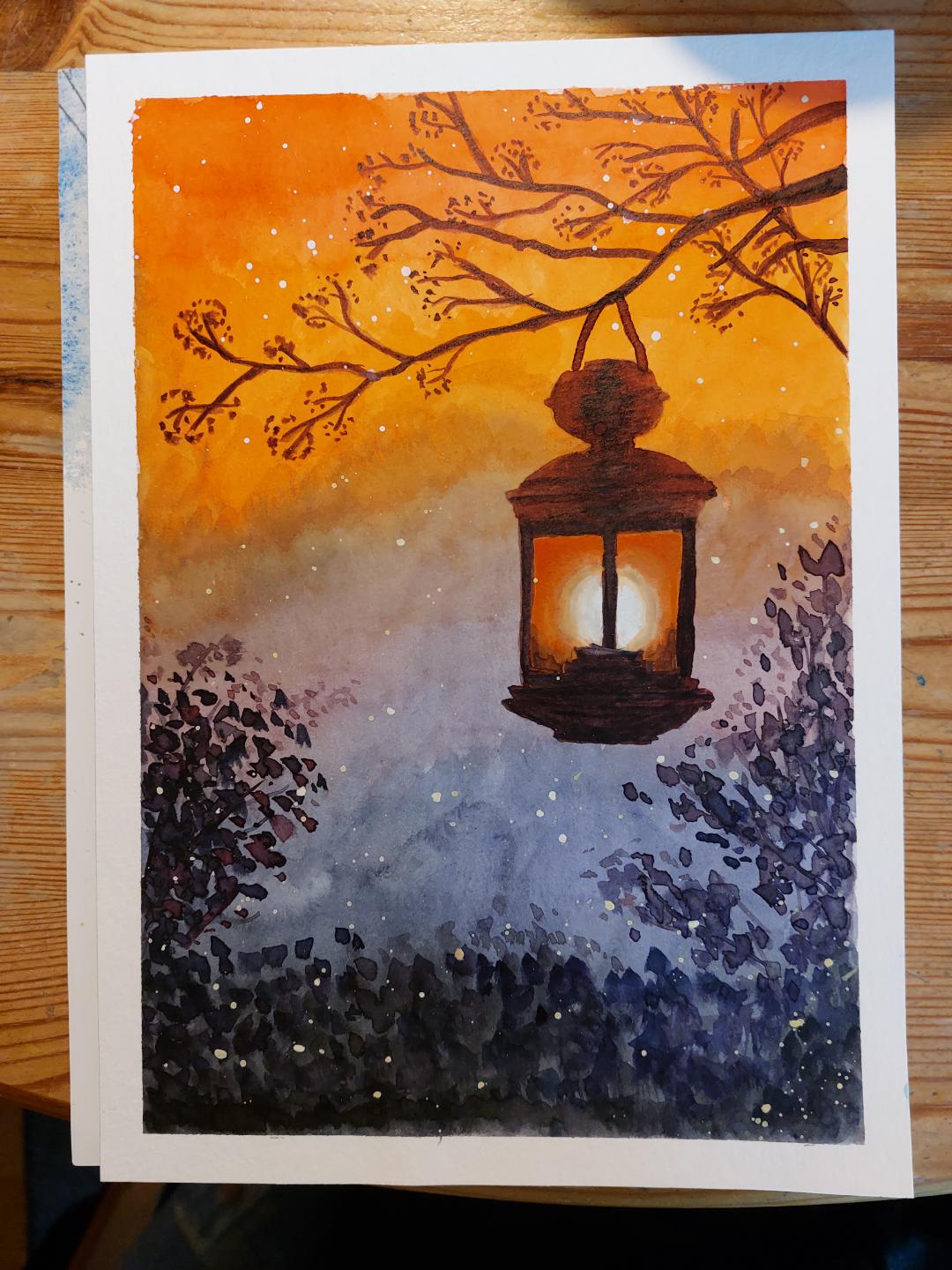 Lantern and Fireflies, followed a Tutorial by Nianiani. r/Watercolor