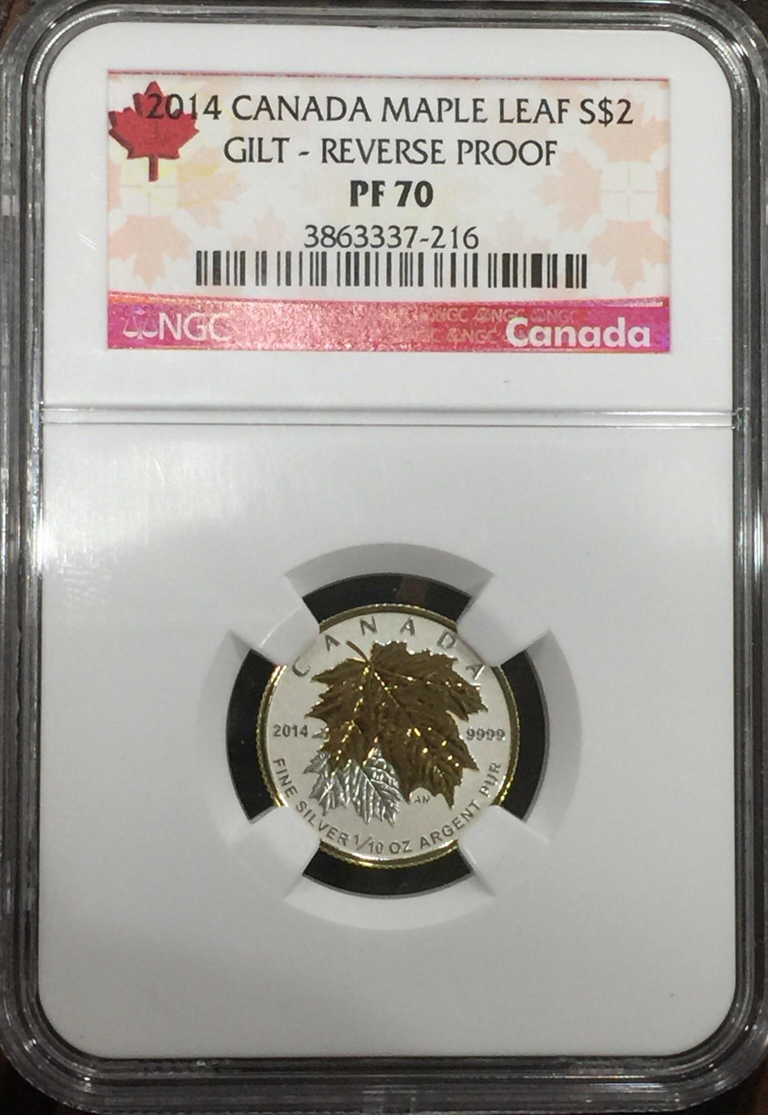 2014 Canada Maple Leaf S2 Gilt Reverse Proof. Graded PF 70. (1/10 ounce of silver) r/coins