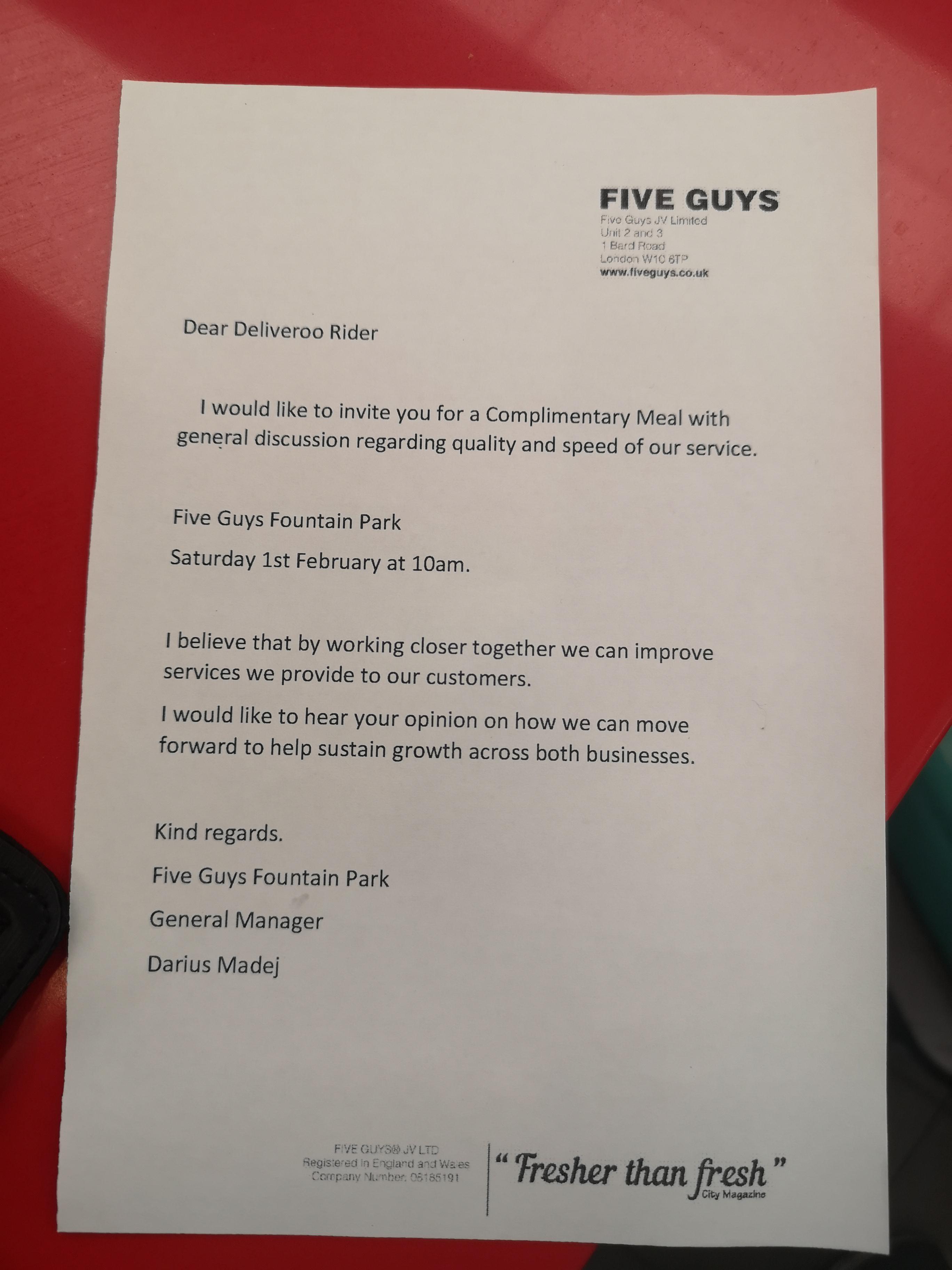 Five guys at fountain Park Edinburgh are offering free food to riders