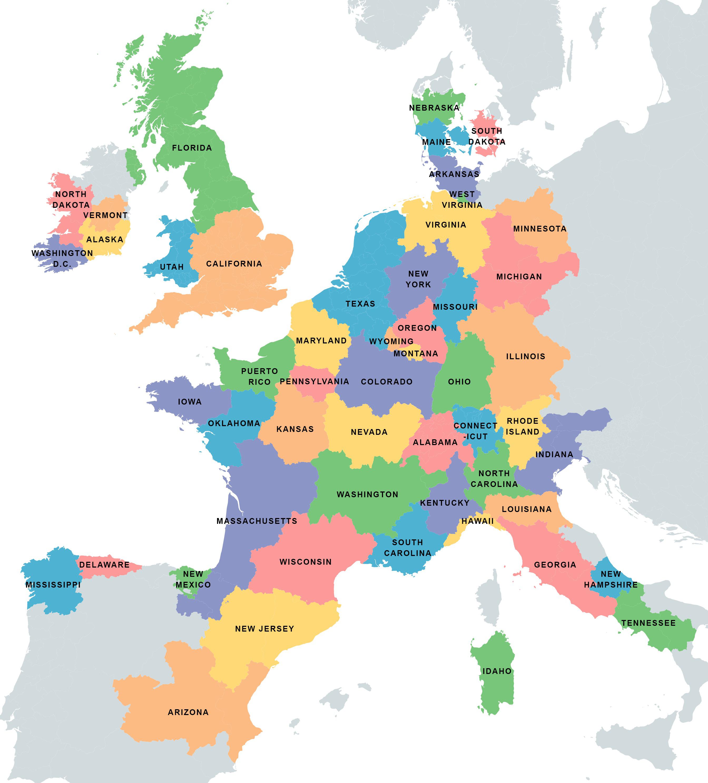 US States overlaid on Europe according to population size. r/europe