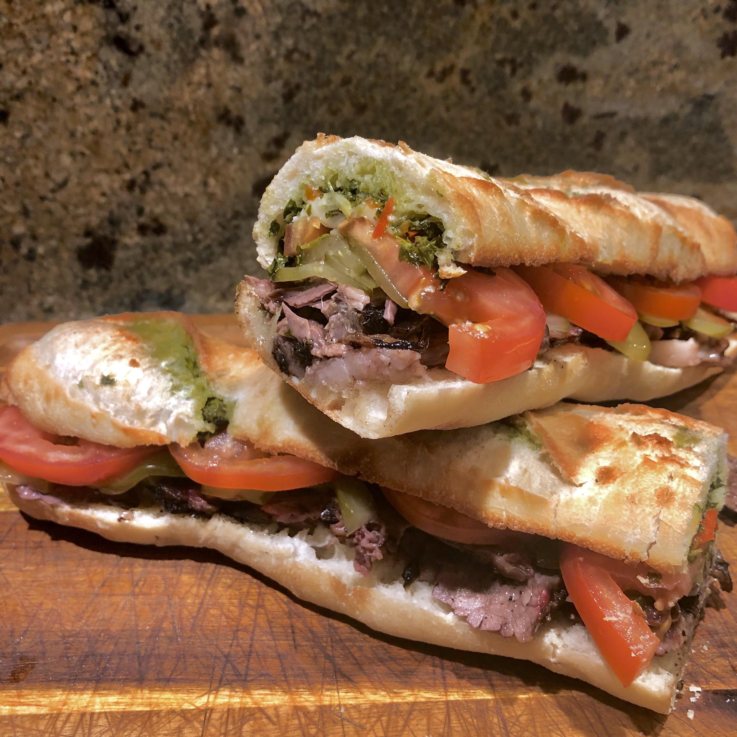 [Homemade] Brisket sandwich on french baguette with tomatoes, pickles